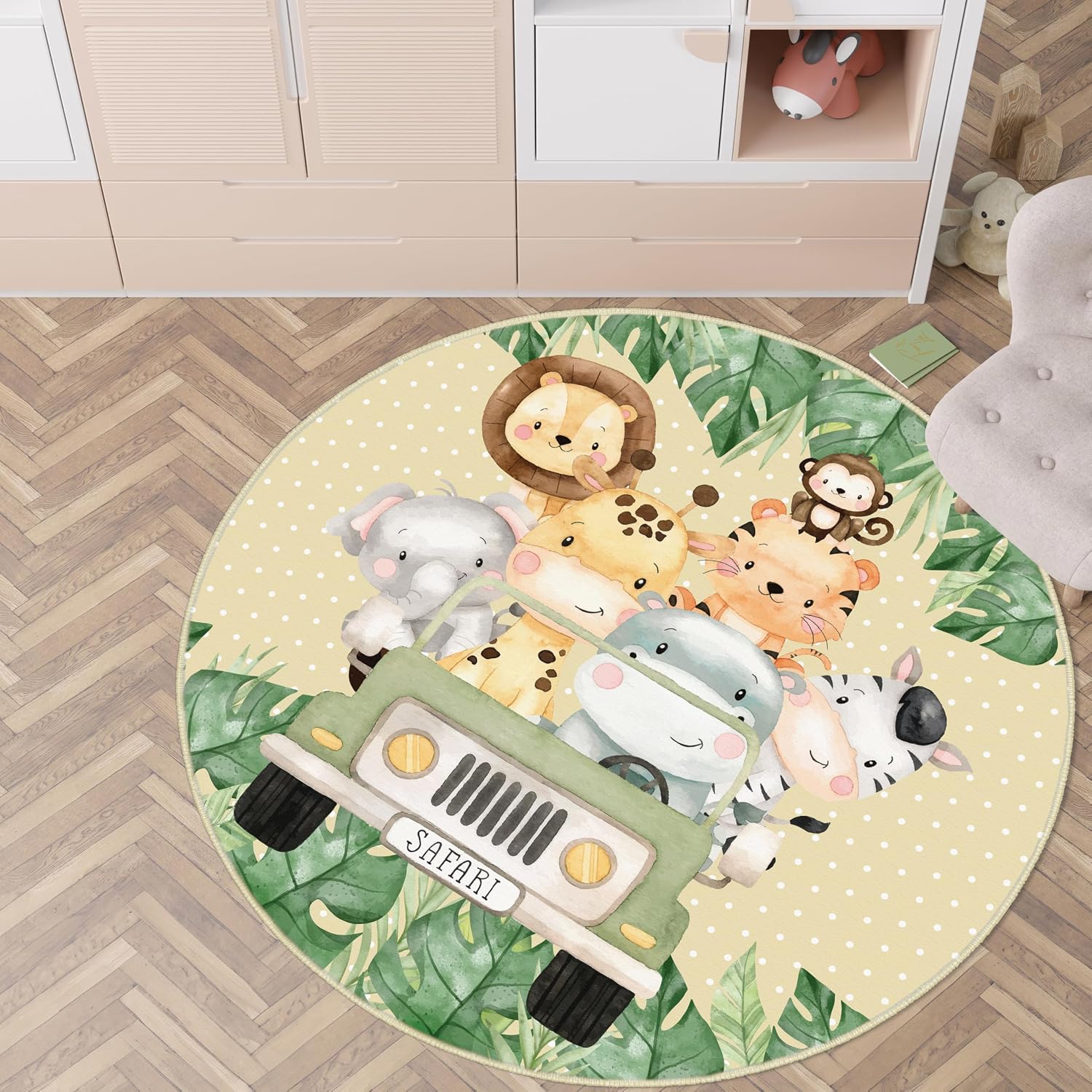 Safari Animals Kids Round Play Rug – Custom Print Soft Non-Slip Nursery Carpet for Toddlers, Cute Jungle Animal Theme Area Mat for Bedroom & Playroom