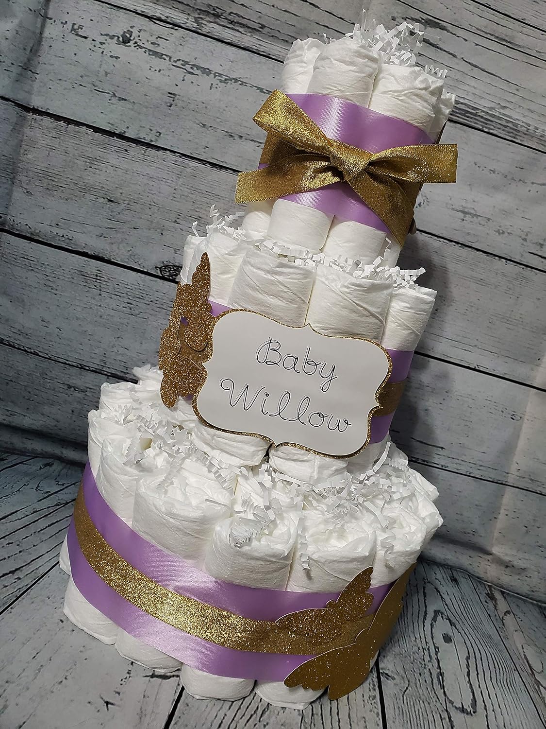3 Tier Diaper Cake 5 piece set - Butterfly Kisses Baby Wishes Theme Purple Gold or Silver