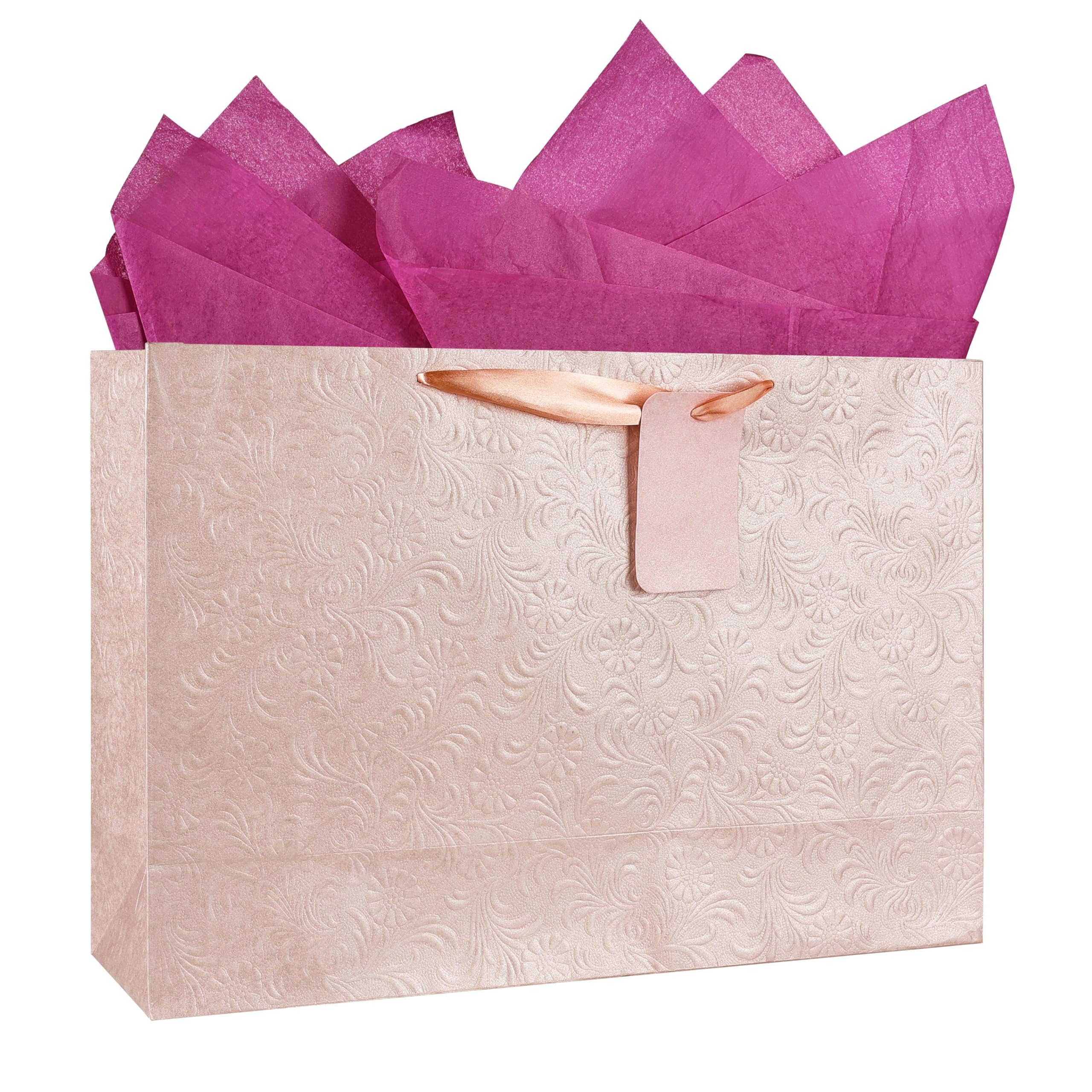 KidsyWinsy Pack Of 5 Pastel Pink Gift Bag (Large, 16 * 5 * 11 Inches) With Tissue & Thank You Card - Paper Gift Bags | Return Gift Bags For Valentine's Day, Baby Shower, Festive Gifting, Birthday, Wedding