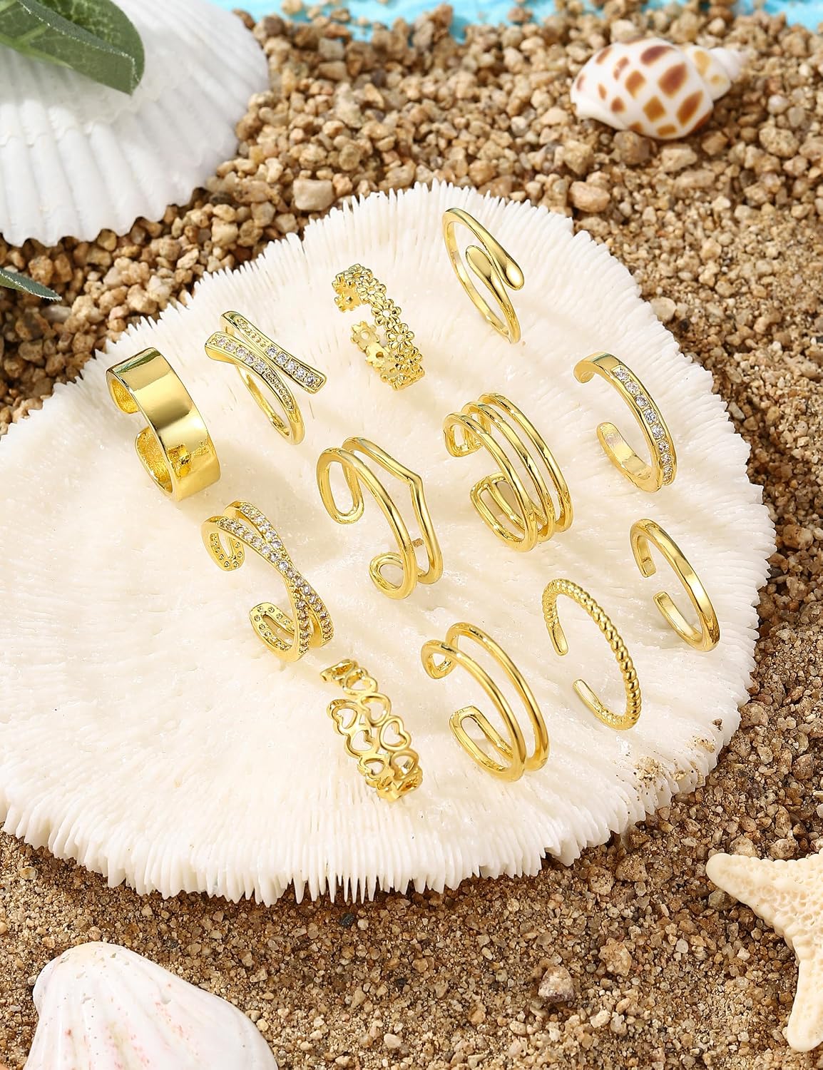12Pcs Toe Rings for Women - 14K Gold Filled Toe Ring Non Tarnish Adjustable Simple Hug CZ Thin Band Toe Rings Summer Beach Foot Jewelry for Women