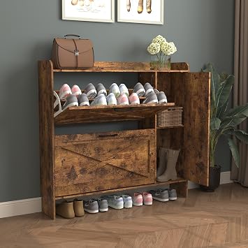 HEXCELEN Shoe Storage Cabinet with 2 Flip Drawers, Freestanding Organizer with Metal Legs for Entryway, Narrow Shoe Rack Cabinet, Rustic Brown UHEHDJ003
