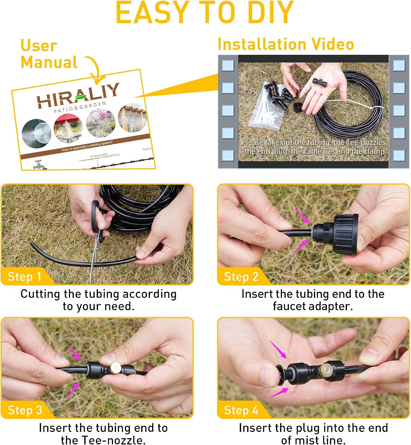 HIRALIY DIY Misting Cooling System, 65.6FT/20M Misting Tubing + 1 Faucet + 20 Brass Mist Nozzles + 2 Plug, Tubing Clamps Cable Ties, Suit for Trampoline Misting Deck/Porch Cooling Garden Watering