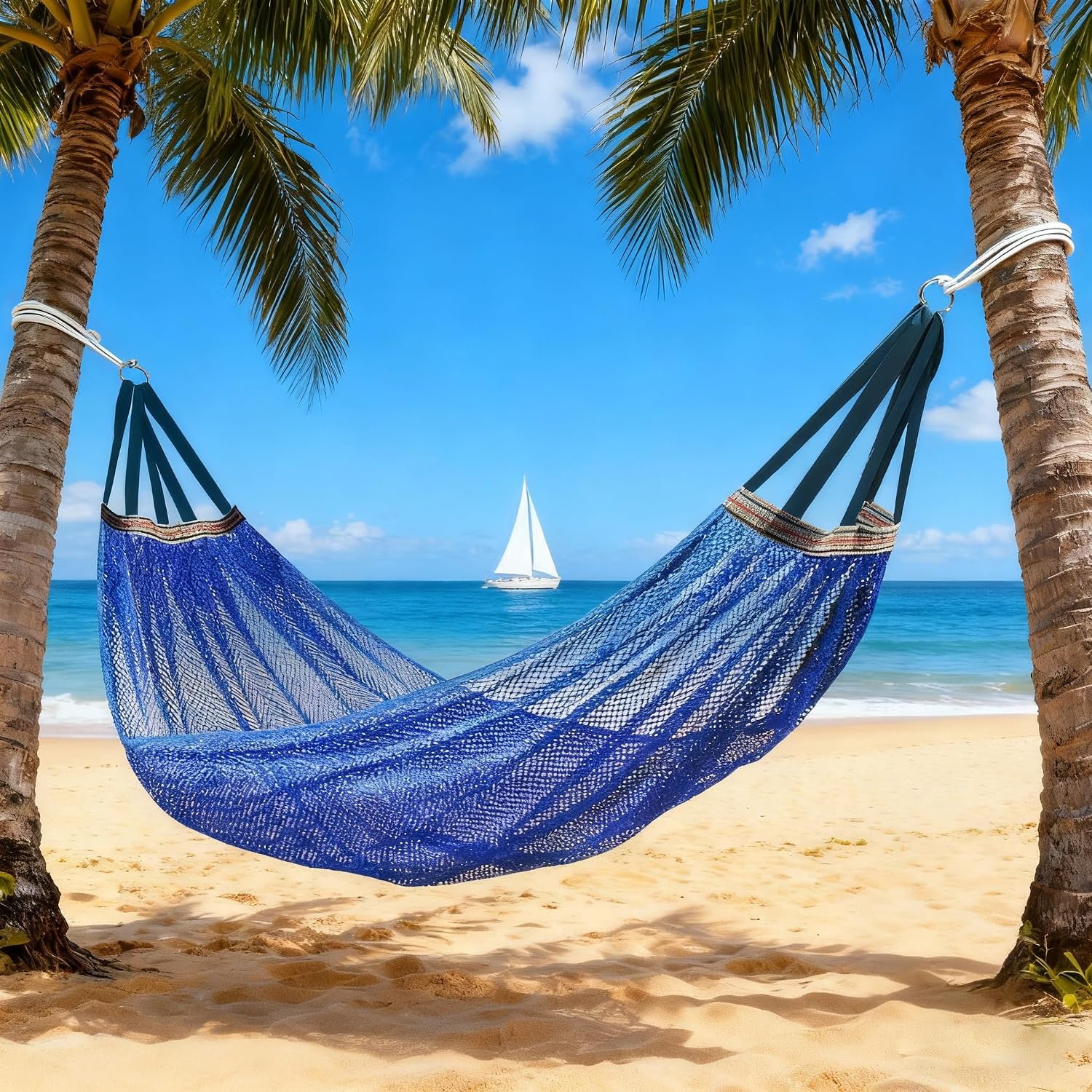Nylon Mesh Hammock, Outdoor Camping Swing, 330lb Capacity,Blue image 2