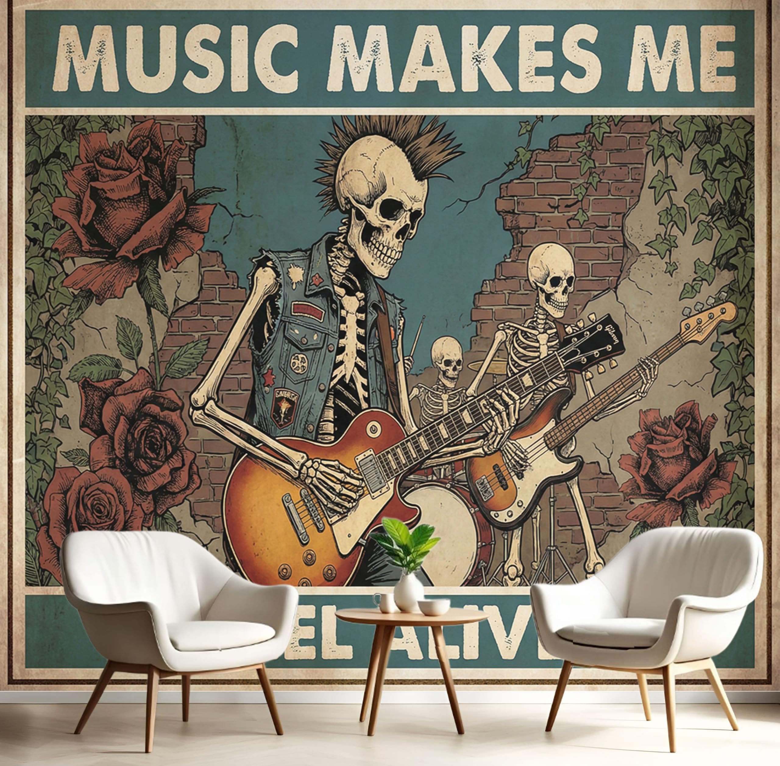 Carta Da Parati Fotomurale 250X175Cm Rock Skull Band Poster Punk Retrò Carta Da Parati Panoramica 3D Seta, Marrone Decorazione Da Muro Poster Soggiorno Camera De Letto Ufficio