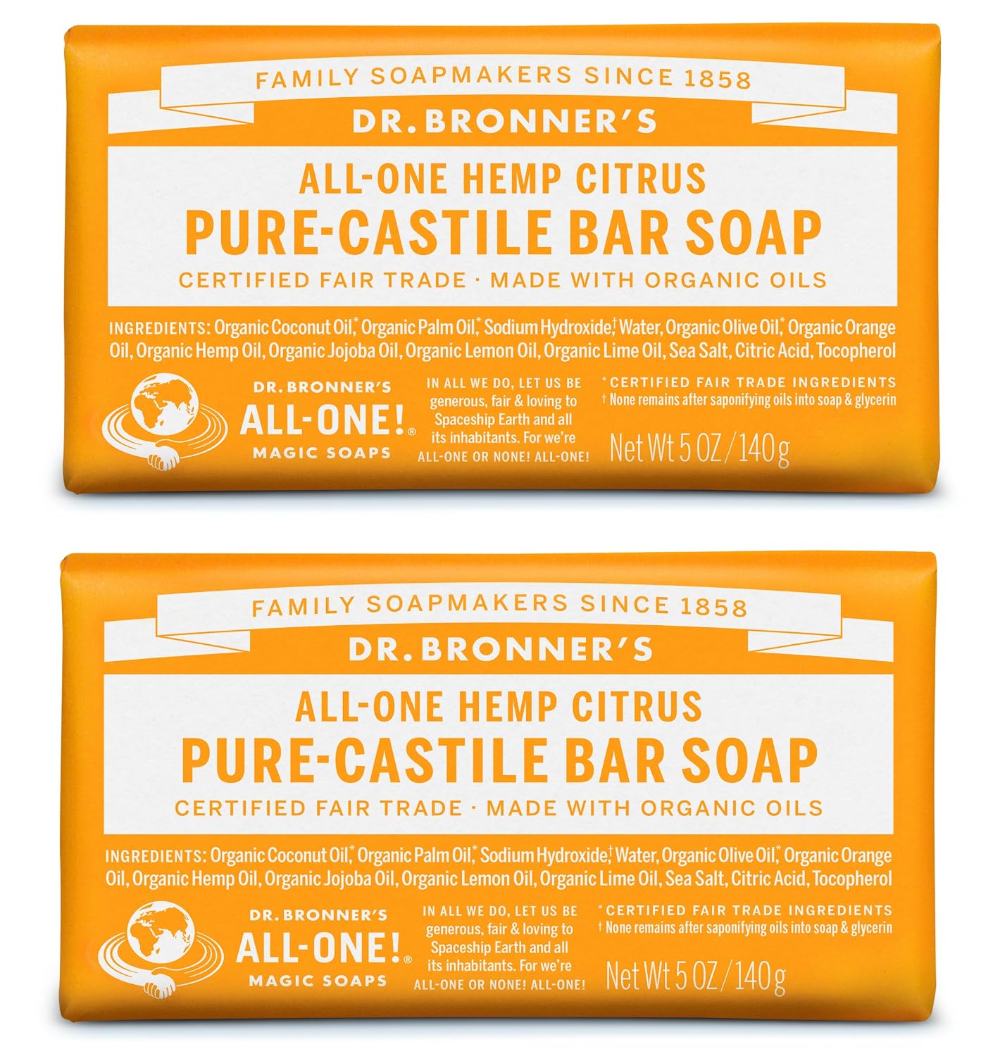 Dr. Bronner's - Pure-Castile Bar Soap (Citrus, 5 ounce, 2-Pack) - Made with Organic Oils, For Face, Body and Hair, Gentle and Moisturizing, Biodegradable, Vegan, Cruelty-free, Non-GMO