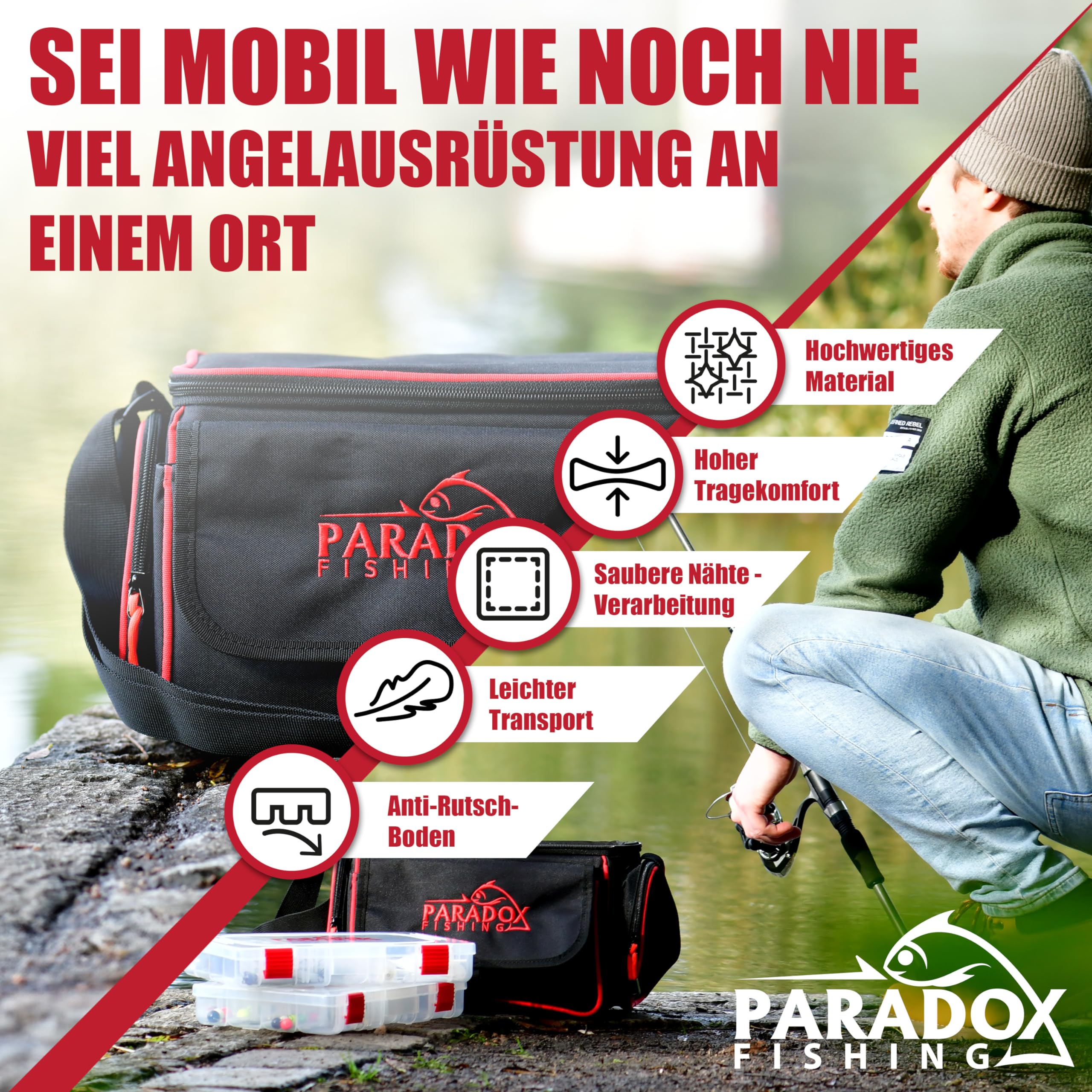 Paradox Fishing Angeltasche mit Boxen I inkl. 4 Boxen I Angelrucksack Angelkoffer - viel Platz für Köder und Angelzubehör