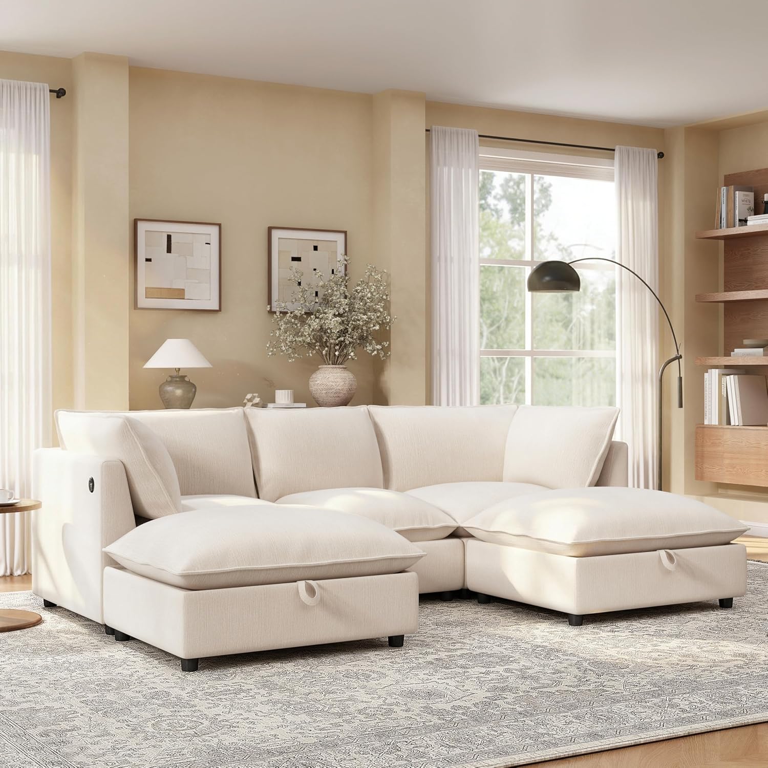 98" U-Shaped 5 Seat Sectional Cloud Sofa, Chenille Upholstered Modular Sofa Deep Seat with Storage Ottomans, Modern Modular Convertible Corner Couches for Living Room