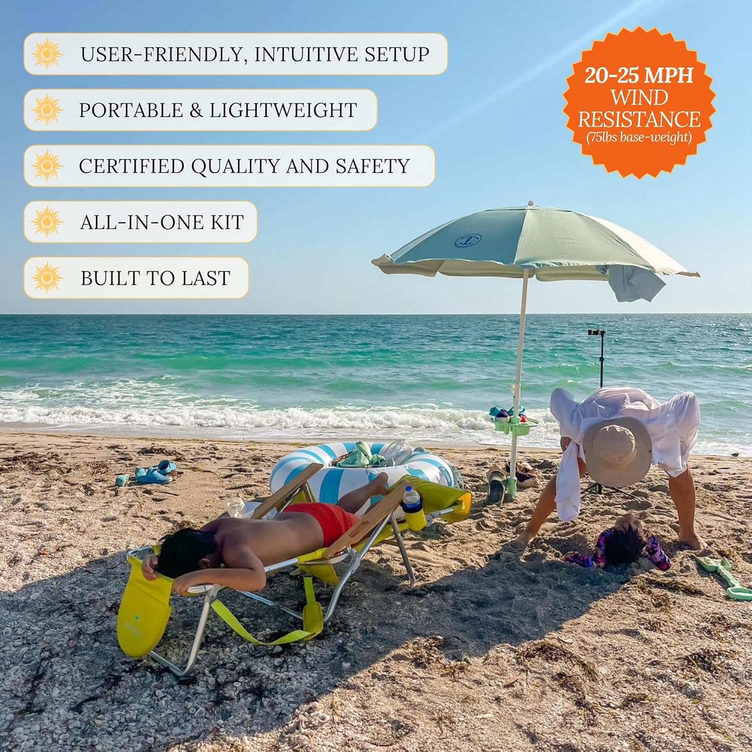 Anchor Works All-In-One Classic Beach Umbrella System - Secure & Wind-Resistant with Heavy-Duty Patented AnchorONE Sand Anchor, 7ft UPF 50+ Umbrella, Convenience Tray, Sand Spade & Carry Bag - ASTM F3681-24 Compliant