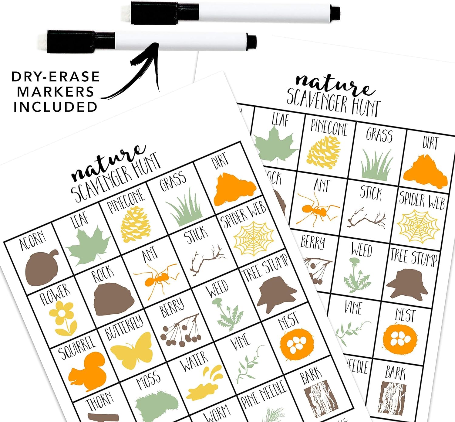 Nature Scavenger Hunt Games for Kids, Outdoor, Birthday Party, Road Trip, Travel Activities, Includes 10 Dry Erase Markers and Cards, Family Game Night