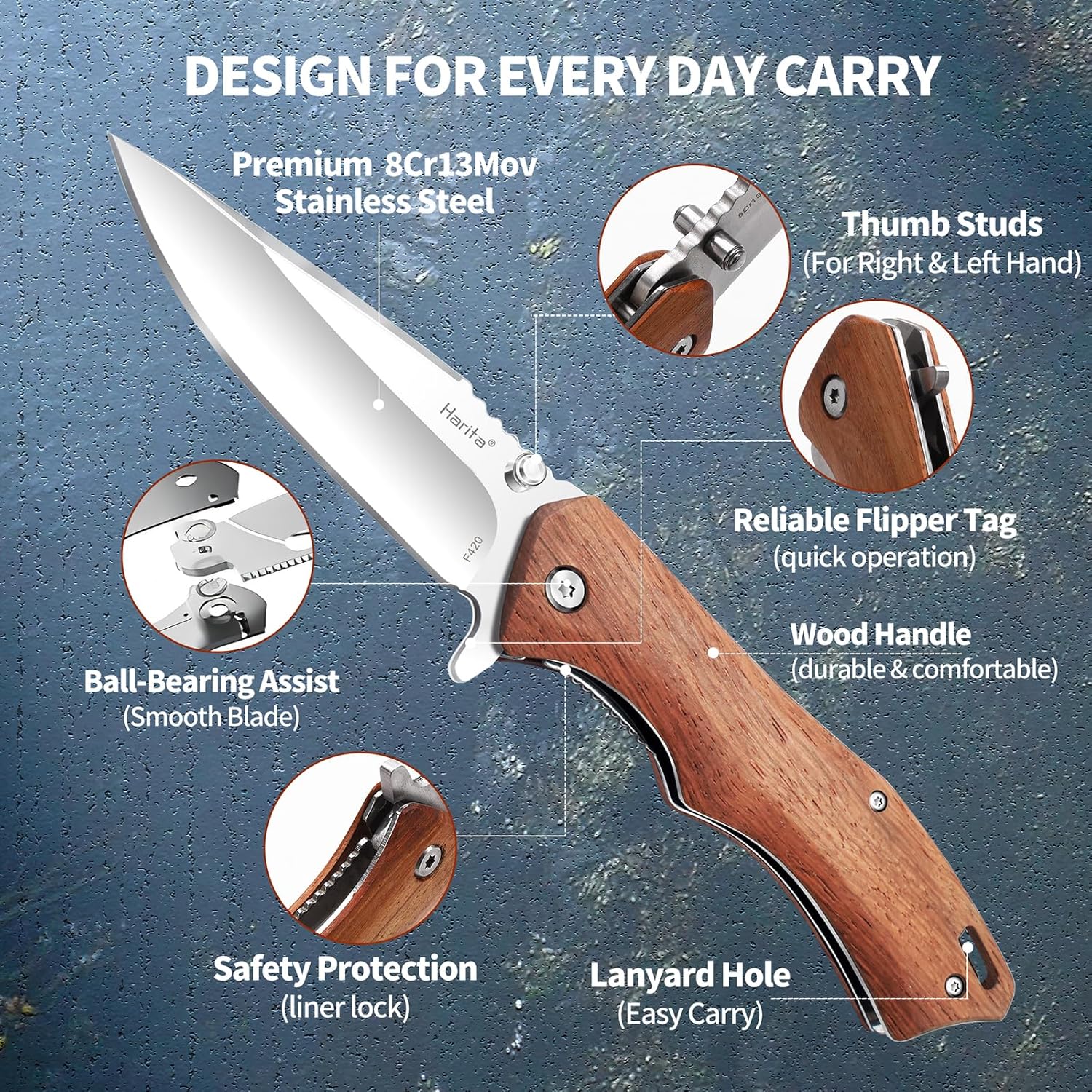 Harita Pocket Knife Folding Knife Wood Handle edc Stainless Steel Blades Double Thumb Stud with Belt Clip, 3.4-inch Sharp Blade 8cr13mov Steel,Liner Lock Flipper Knife