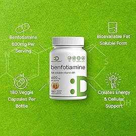 Benfotiamine 600mg Per Serving, 180 Veggie Capsules (300mg Per Cap) - Fat Soluble Vitamin B1 Thiamine Supplement - 3rd Party Tested, Vegan, Non-GMO, Gluten Free