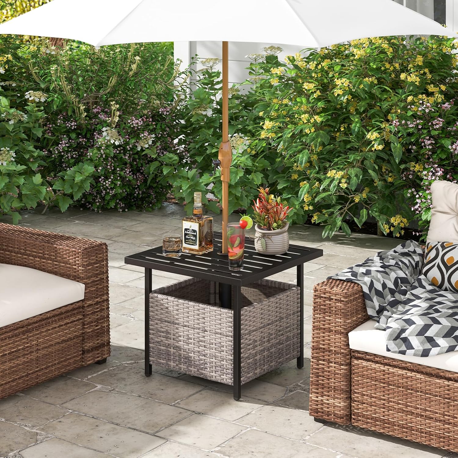 HAPPYGRILL Wicker Patio Umbrella Table with 1.57” Umbrella Hole, Outdoor Rattan Side Table with Heavy Duty Metal Frame, 22” Square PE Rattan End Table for Deck Backyard Poolside (Mix Gray)