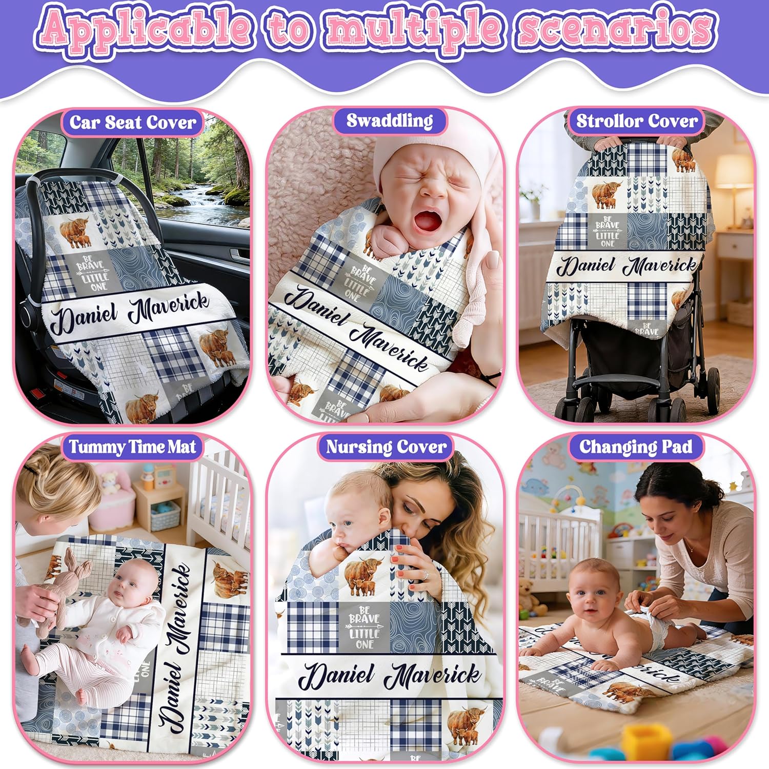 Blue Cow Baby Name Blanket,Personalized Cow Print Blanket for Girl Boy,Highland Cow Custom Baby Blanket with Name,Baby Cows Stuff Gift for Toddler Newborn,Nursery Stroller Crib Cows Decor Throw40 x50