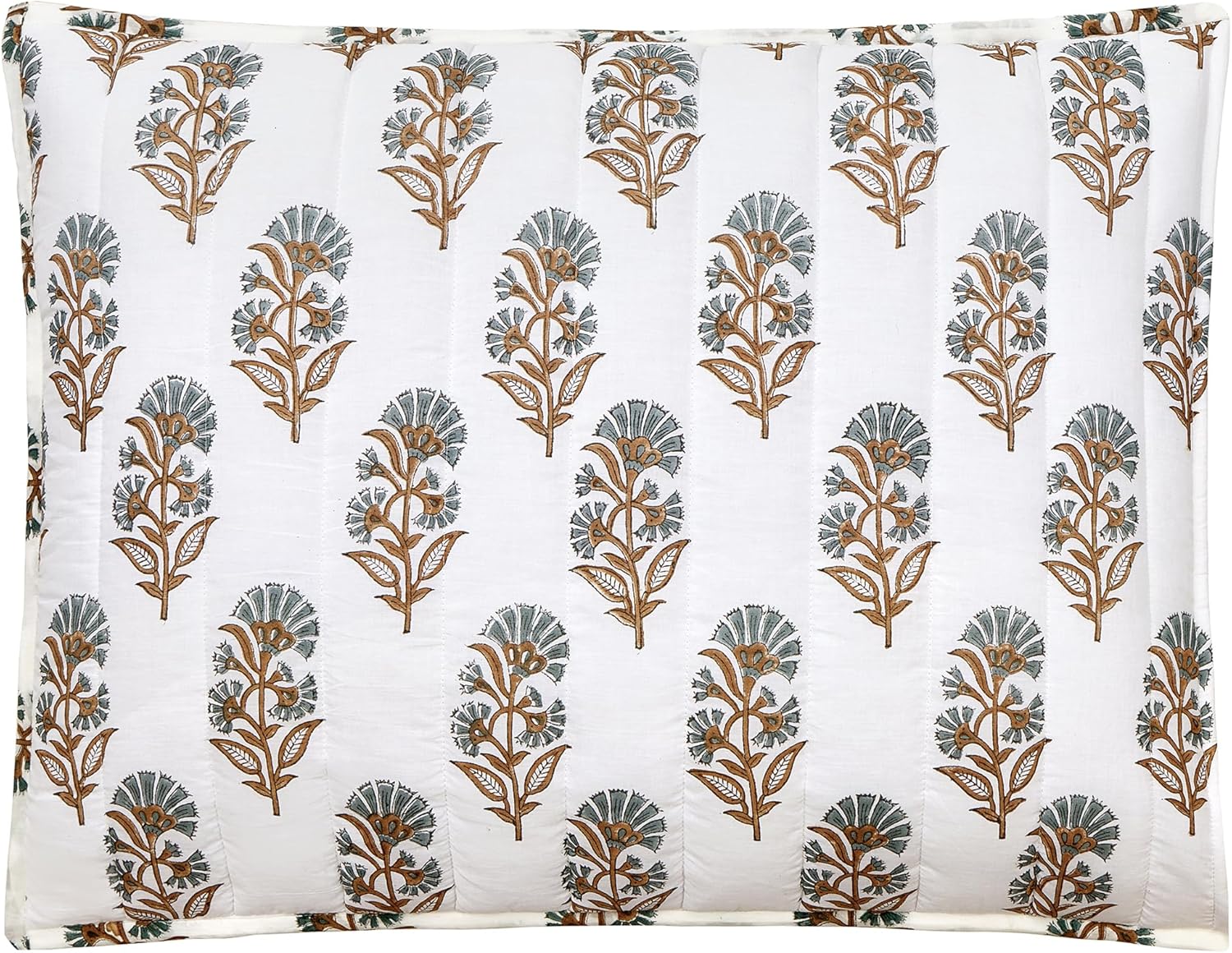 Mughal Flower Block Print Quilt and Pillow Sham Set, Vintage Rustic Cottage Lightweight Cotton Voile 3-Piece Bedding Set, King Size, Cream