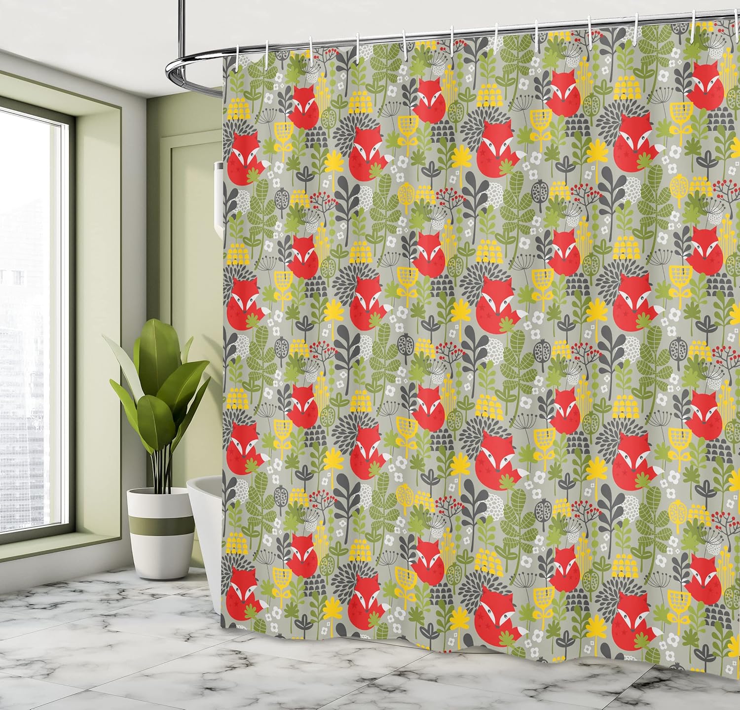 Ambesonne Cartoon Shower Curtain, Animal Nature Forest Trees Leaf Wild Fox and Modern Art, Cloth Fabric Bathroom Decor Set with Hooks, 69" W x 70" L, Pistachio Green