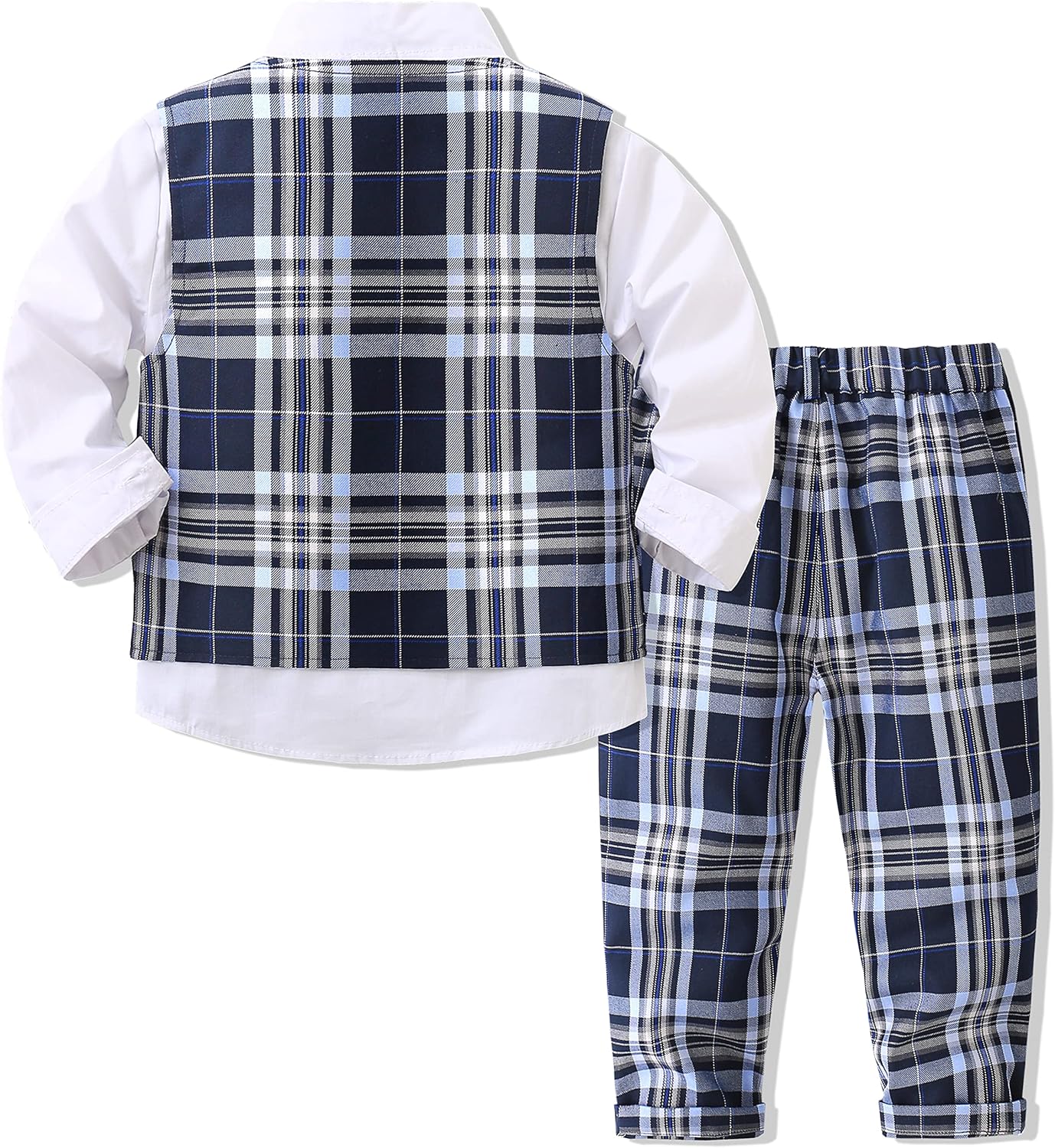 Boys’ Plaid Button Down Polyester Casual Dress Shirt Slim Fit +Vest+Pant Outfits - Image 2