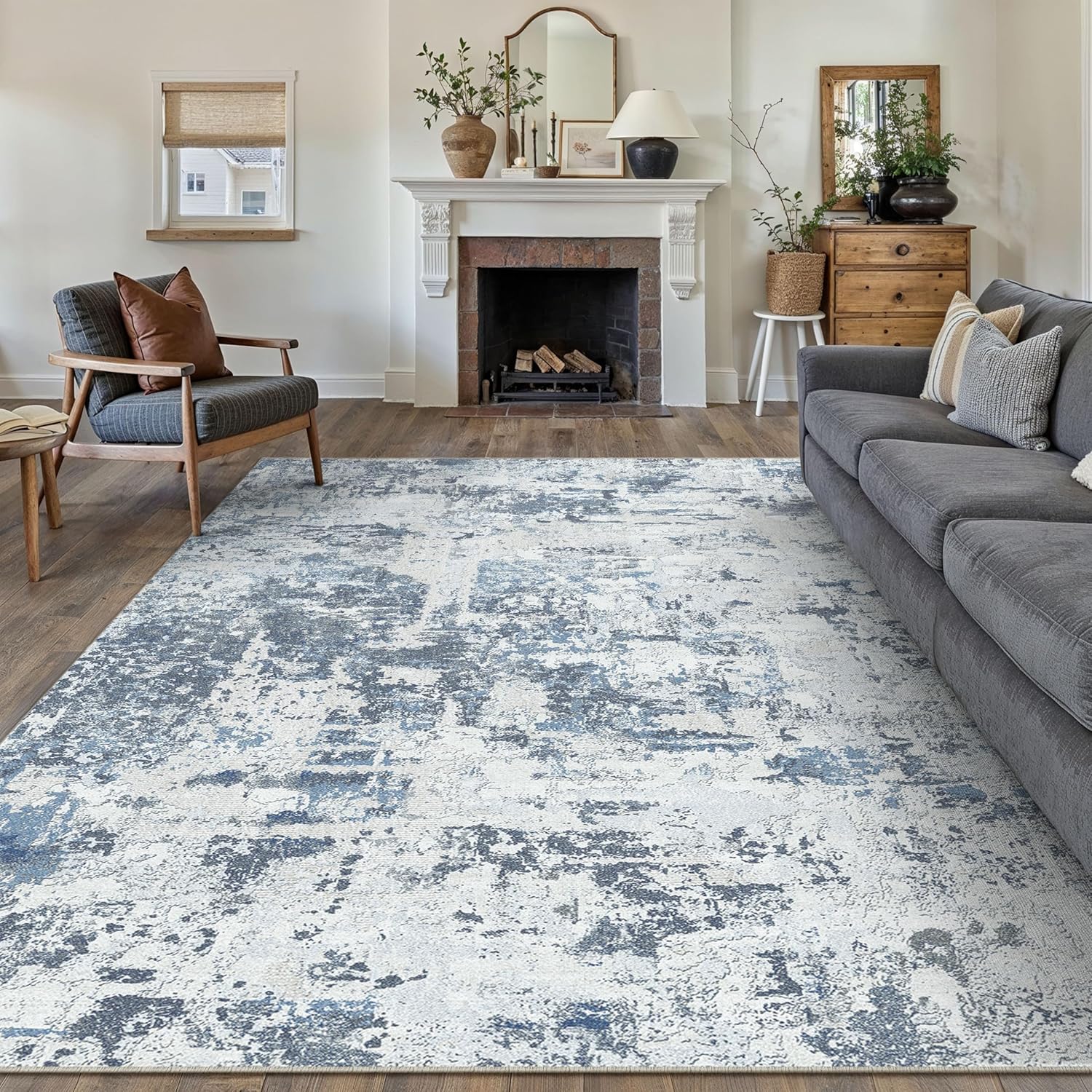 8x10 Area Rug Blue Grey Carpet Washable Living Room Bedroom Abstract Neutral Modern Dining Room Non Slip Soft Thin Low Pile Indoor Large Throw Rug Accent Office Kitchen Contemporary