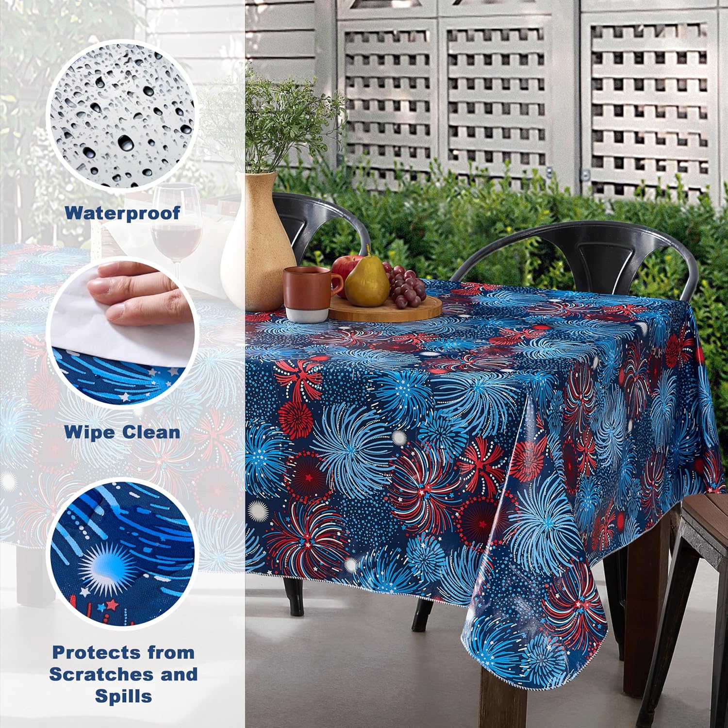 Newbridge Rectangle Vinyl Flannel Backed Tablecloth, 60 x 102 Inch, Fireworks Celebration, Indoor/Outdoor Party Table Cover, Americana Red, White and Blue Fireworks, Barbecue Party