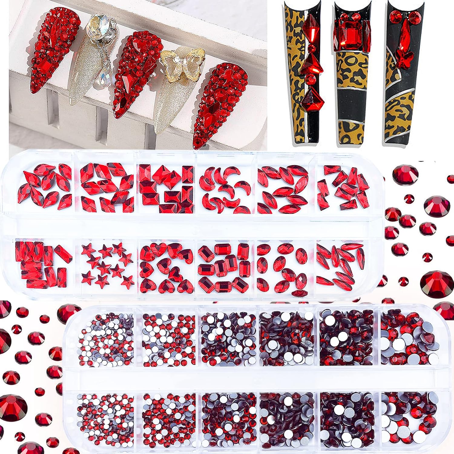 2120Pcs Red Crystal Nail Rhinestones Round Beads Flatback Glass Gems Stones Multi Shapes Sizes Rhinestones Nail Charms for Nail DIY Crafts Clothes Shoes Jewelry