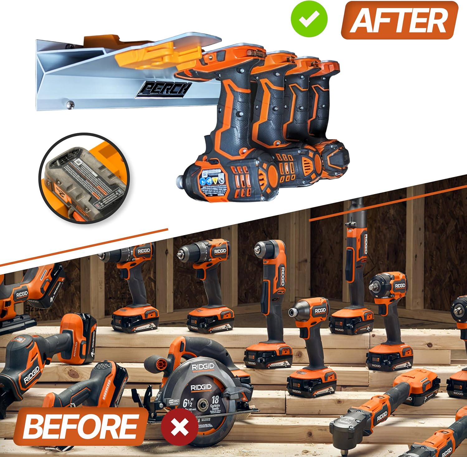 PERCH 3 Pack RIDGID Tool Holder with 3 Pack RIDGID Battery Holder for RIDGID 18V Tools and RIDGID 18V Battery