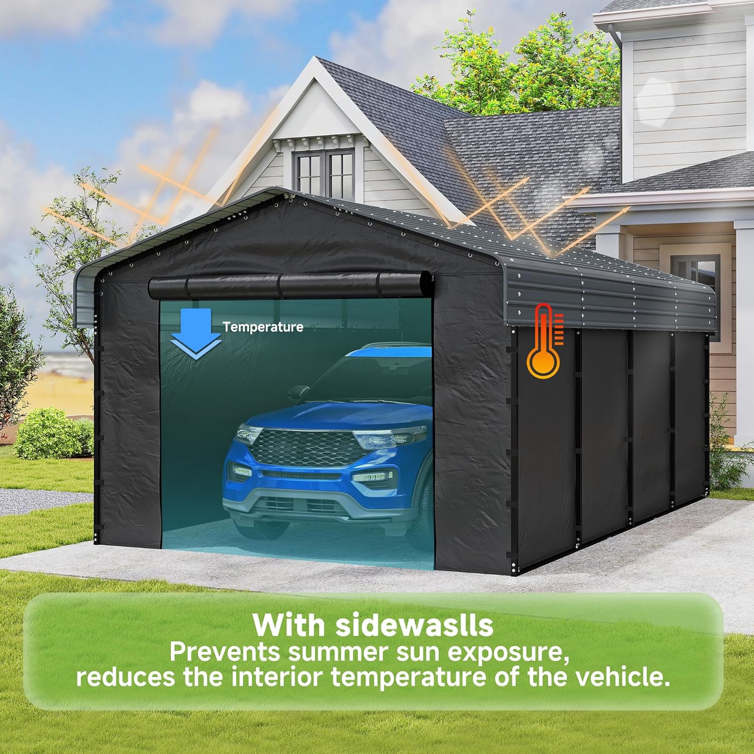 Carport with sidewalls, illustrating how it prevents summer sun exposure and reduces interior temperature.