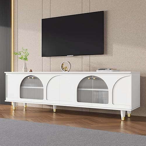 Miniatura 12 de LUMISOL Soporte de TV moderno para TV de 75 pulgadas + consola de TV con armarios de puerta de cristal, centro de entretenimiento de madera con