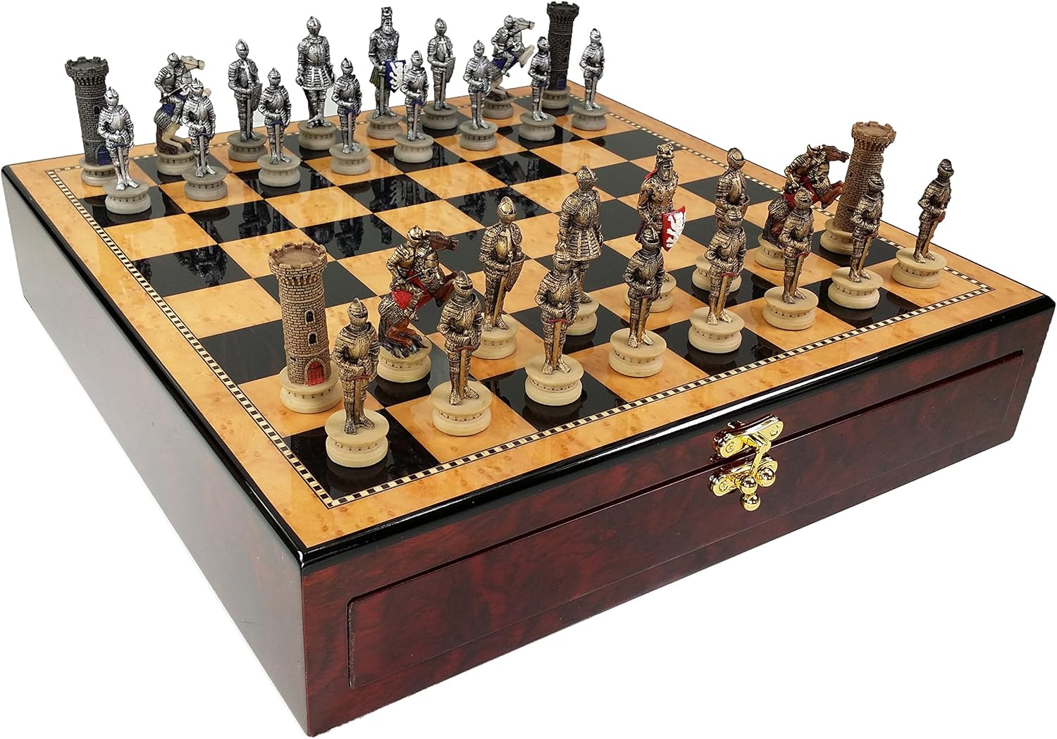 HPL Medieval Times Crusades Gold & Silver Warrior Knights Chess Set W/ 17" Dark Walnt & Birdseye Maple Color Gloss Storage Board