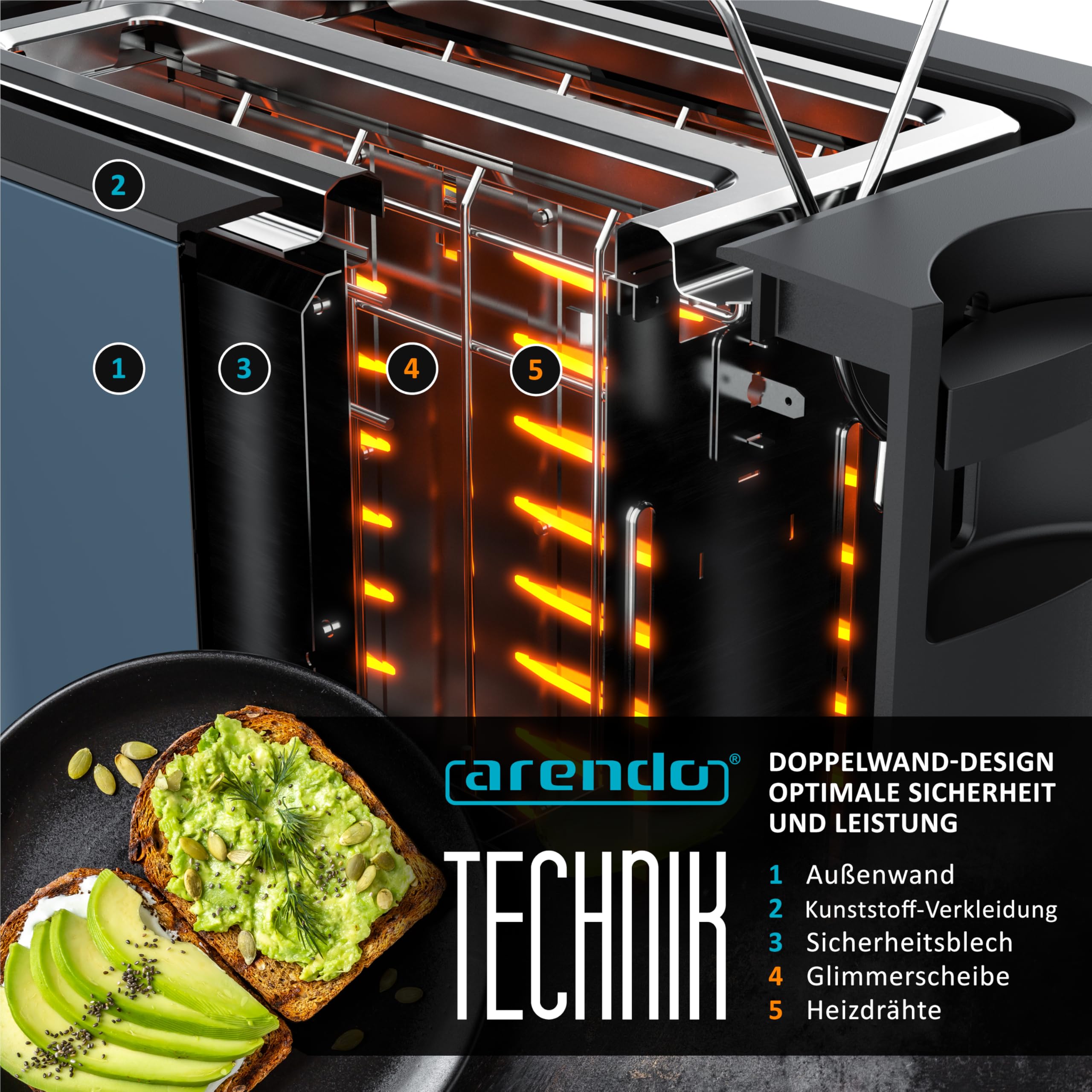 Arendo - Touch Toaster 2 Scheiben Edelstahl - Touchpanel - digital Display Restzeitanzeige - 800 W – Doppelwandgehäuse – mit Brötchenaufsatz – 7 Bräunungsgrade – Brotscheibenzentrierung - Blau