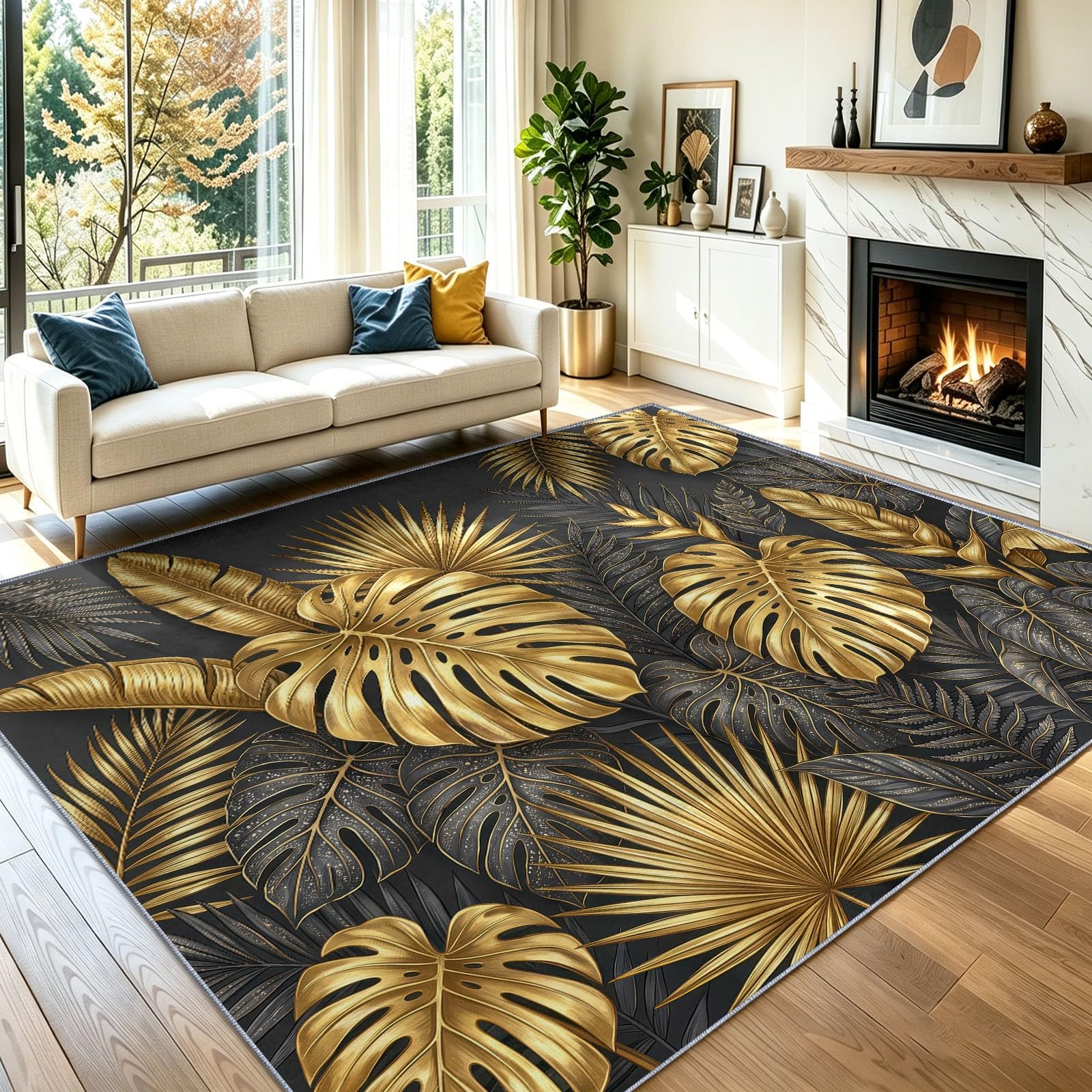 Tapis Salon Botanique Scandinave, Moquette Lavable en Machine, 140 x 200 cm | Feuilles Palmier Dorées Tropical Tapis avec Dessous Antidérapant, Tapise Décoratif pour Chambre, Gris Anthracite