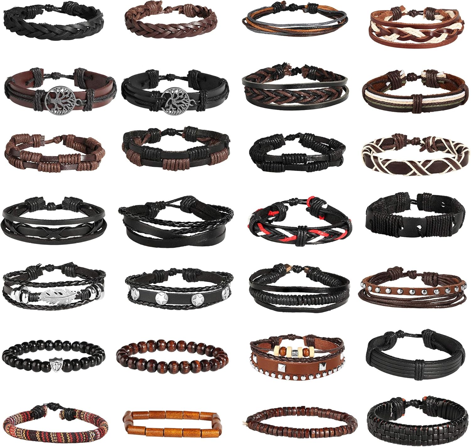 Jstyle 28Pcs Braided Leather Bracelet for Men Women Wooden Beaded Cuff Wrap Bracelet Adjustable C: Clothing, Shoes & Jewelry