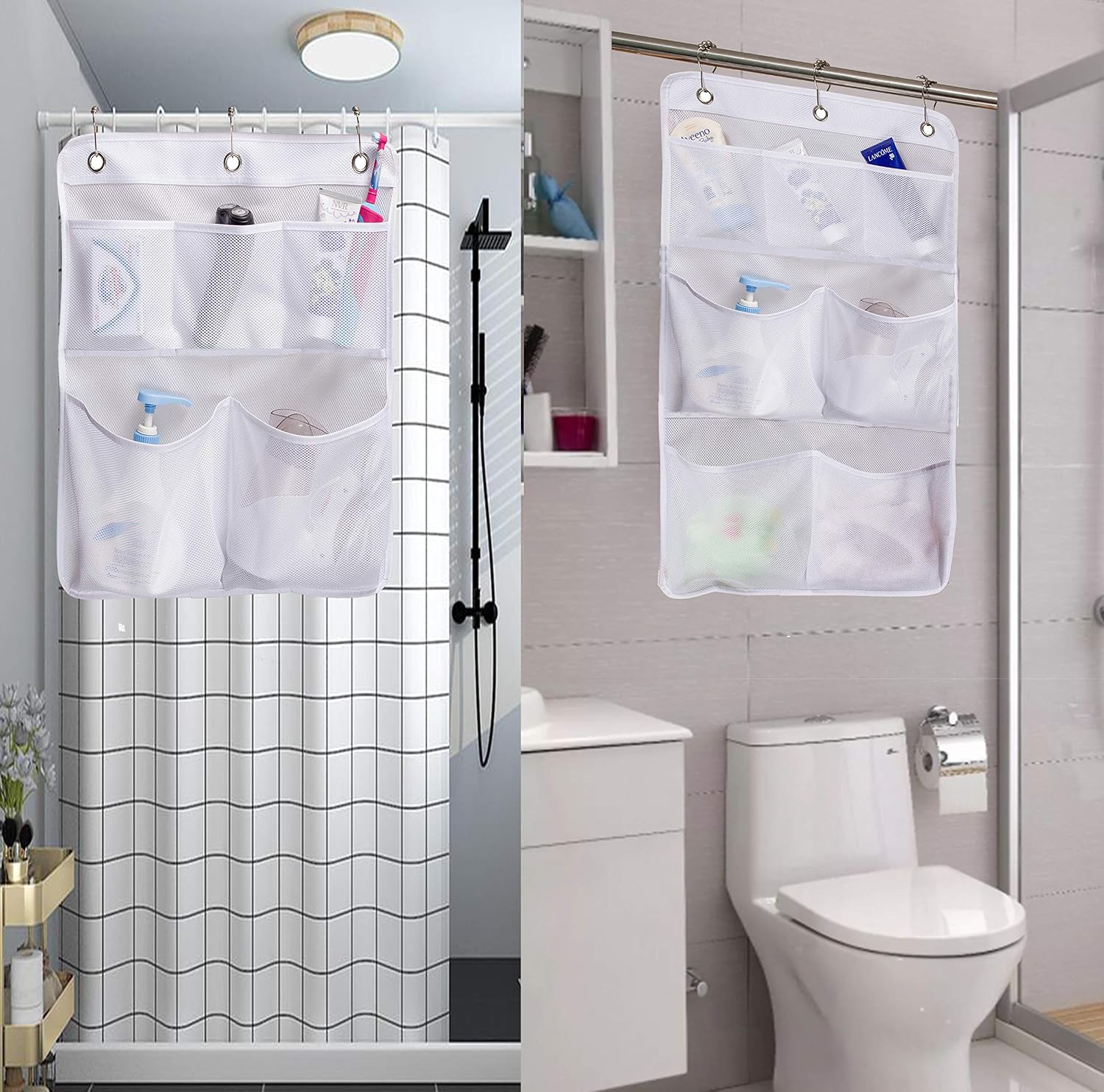KIMBORA Pack 2 Shower Caddy Organizer for Home Hanging Bathroom Curtain Rod Quick Dry Mesh Pockets Storage with Door Hooks.