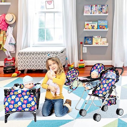 Miniatura 8 de fash n kolor El juego de 4 piezas para muñeca de bebé, diseño de flores, incluye paquete plegable y juego, cochecito de muñeca de bebé, silla alta 4