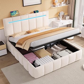 4ft6 Double Upholstered Bed Frame with Hydraulic Storage, LED Channel Tufted Adjustable Headboard with Charging Station, USB and Type - C Ports, Boucle Fabric, Beige, 135x190 cm No Mattress