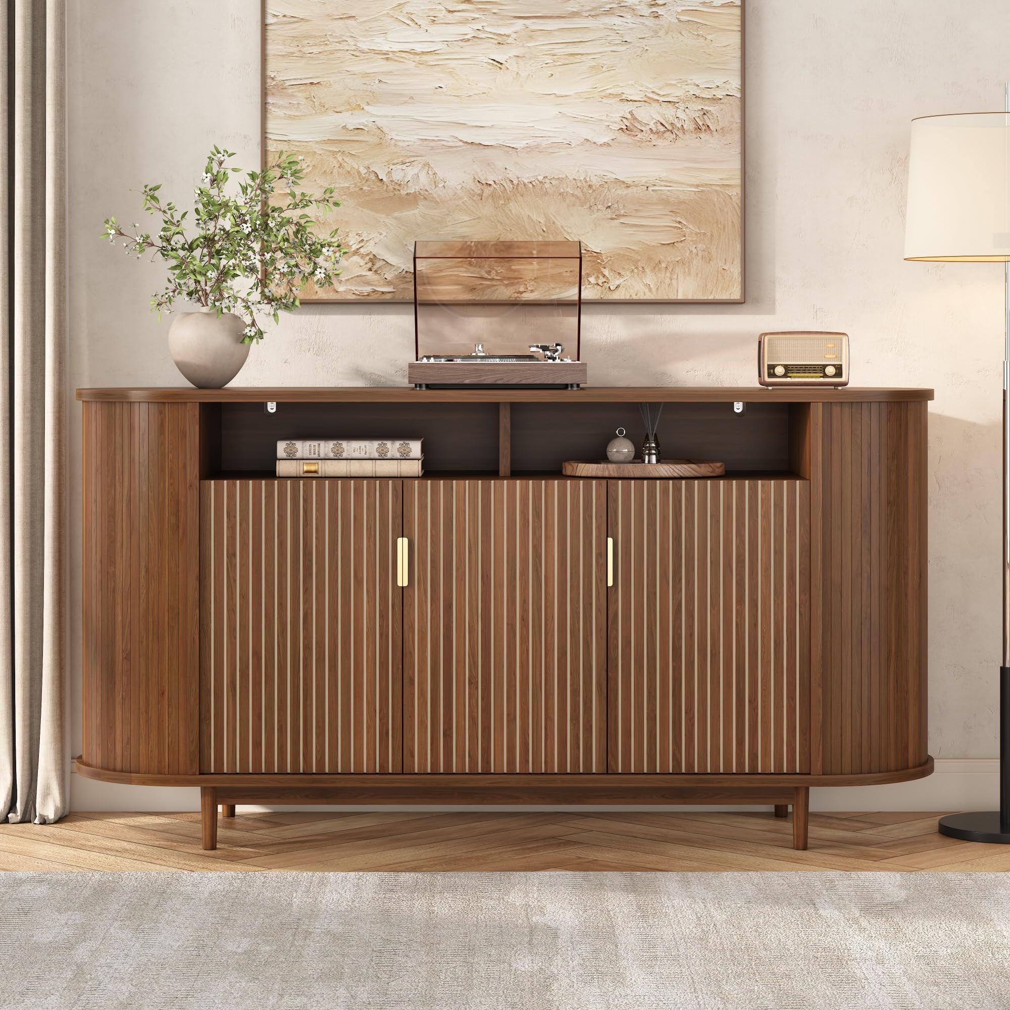 Buffet, Meuble de Rangement en MDF avec 3 Portes et et Pieds en pin, 140 x 40 x 78 cm Buffet Cuisine avec Panneaux de Particules, pour Salon, Salle a Mangeret et Entrée, Aspect Bois, Noyer