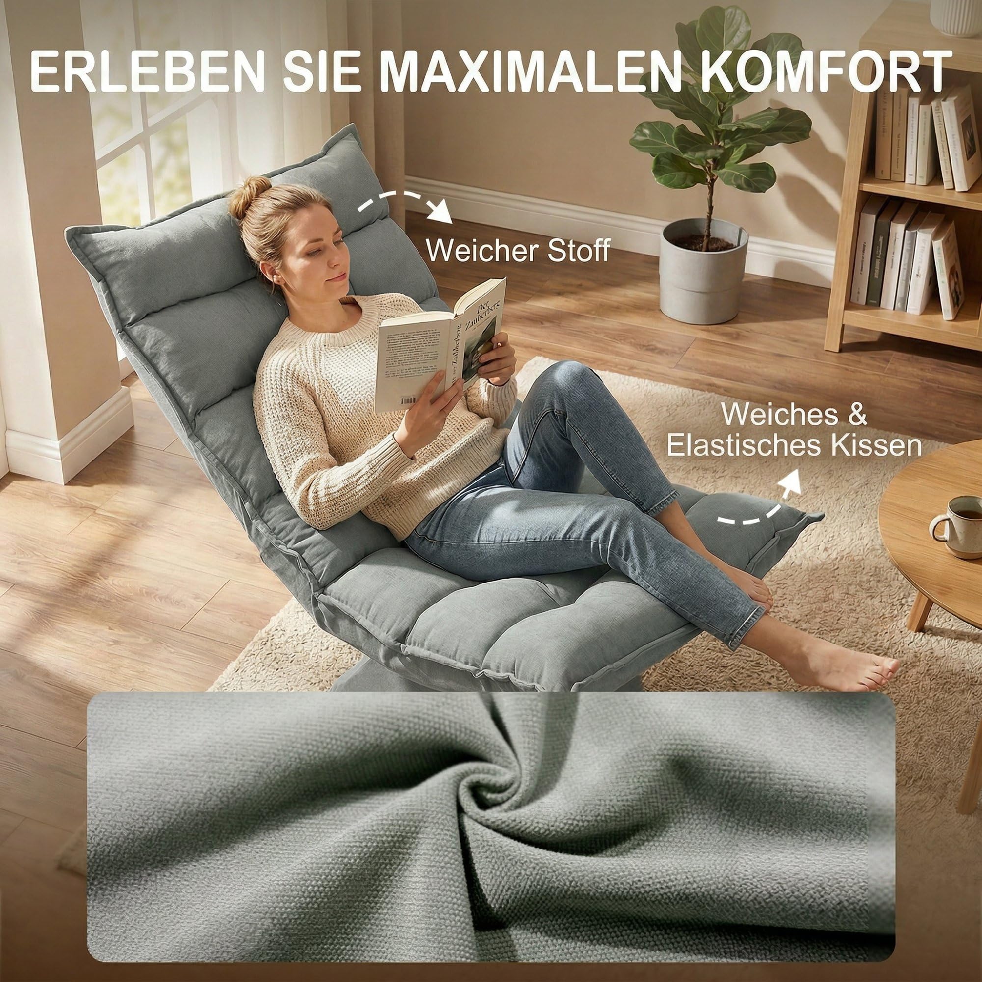 HOMCOM Poltrona Relax Girevole 360° con Schienale Regolabile in 5 Posizioni, Poltrona da Terra con Seduta Ampia Imbottita Spessa in Microfibra Effetto Velluto, per Soggiorno Lettura, Grigio Chiaro