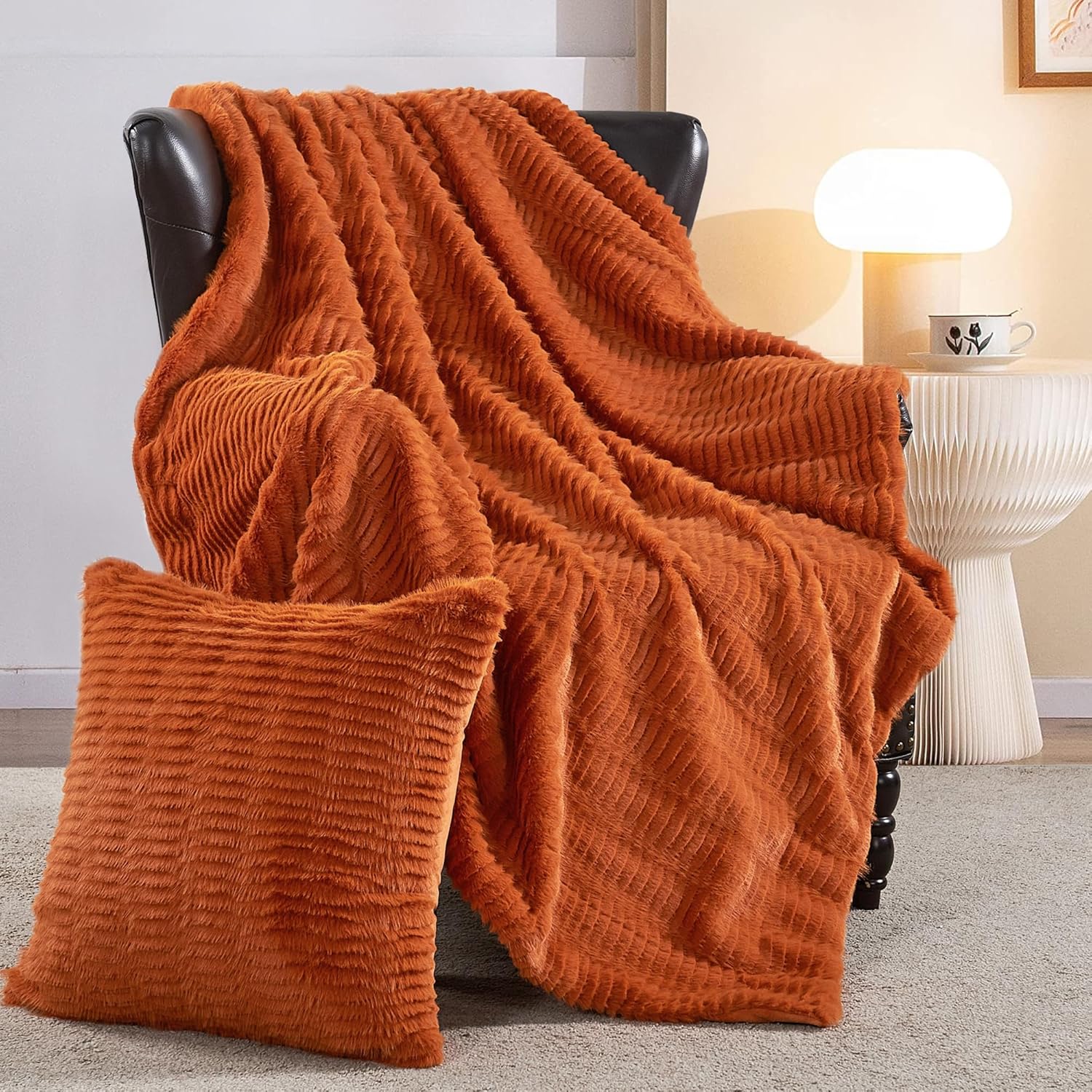 Shaggy Ripple Striped Throw Blanket for Couch – 680GSM Luxury Minky Faux Fur Reversible to Cozy Velvet - Soft Fluffy Plush Warm Blanket for Sofa Bed Chair, 50"x60", Burnt Orange