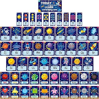 57PCS Outer Space Alphabet Number Bulletin Board Classroom Wall Letters Colors Shapes Poster ABC Number Lines Galaxy Educational Learning Cards for Teacher Preschool Kindergarten Decor