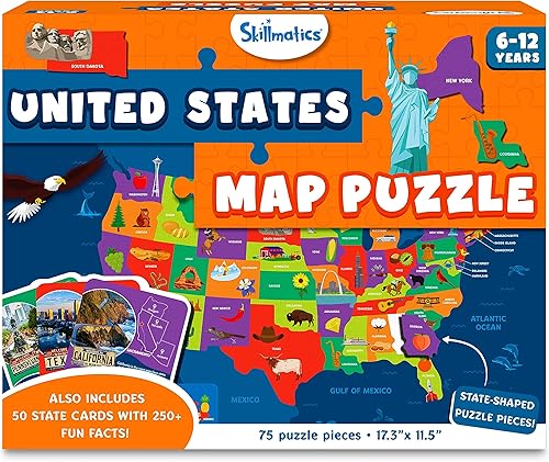 Skillmatics Rompecabezas de mapa de Estados Unidos, rompecabezas de 75 piezas, juguete educativo, geografía para niños, más de 250 datos sobre los