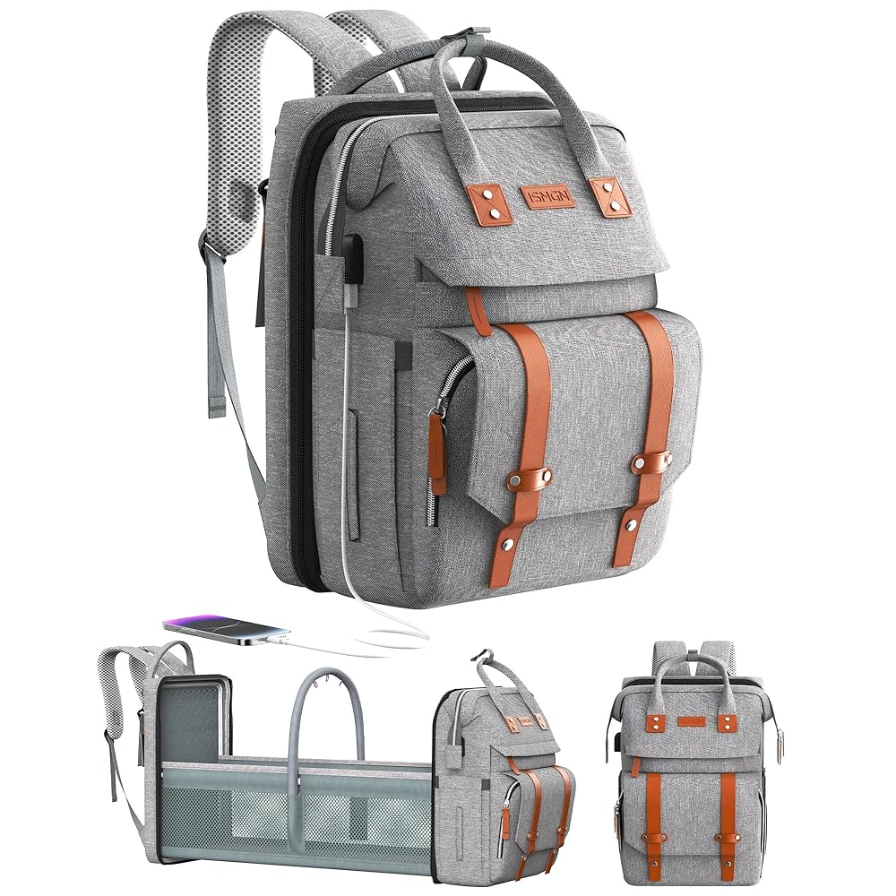 ISMGN Diaper Bag Backpack with Changing Station, Large Diaper Bag, Baby Bag, Multifunctional Diaper Bag, Gray
