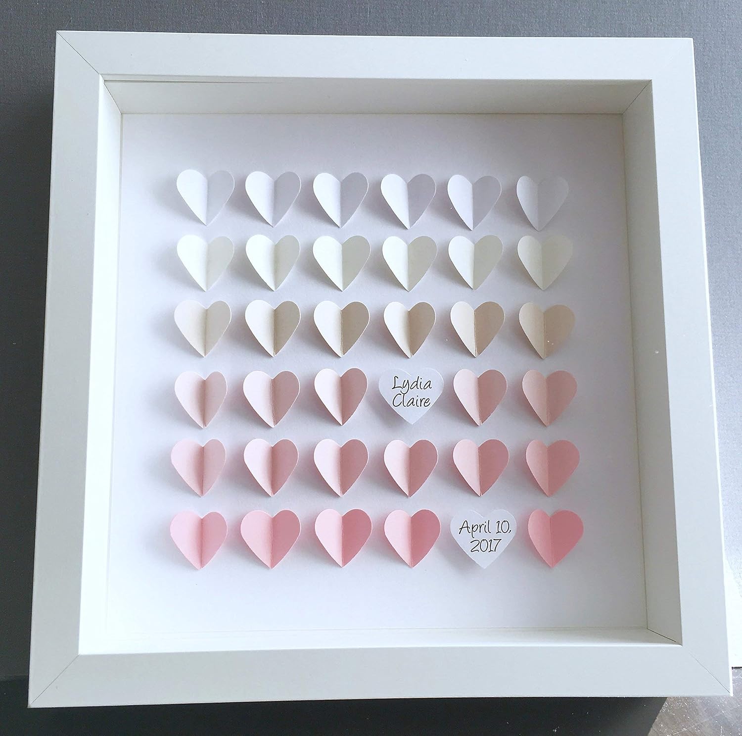 Personalized Name Frame of Paper Hearts in Ombre Pinks Custom Art Newborn Baby Girl Shower Gift, Nursery Decor Art