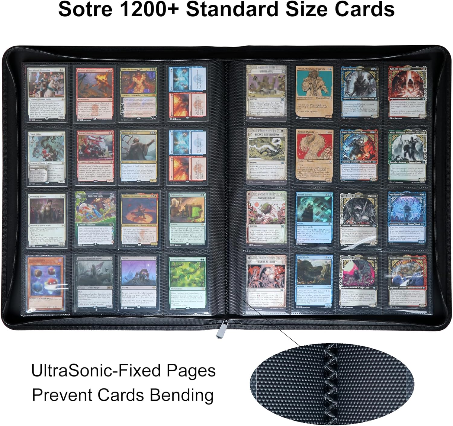 GrinOwl 16 Pocket Card Binder, Fits 1216 Trading Cards 1200+ Pockets Ringless Trading Card Album Folder for TCG (Black)