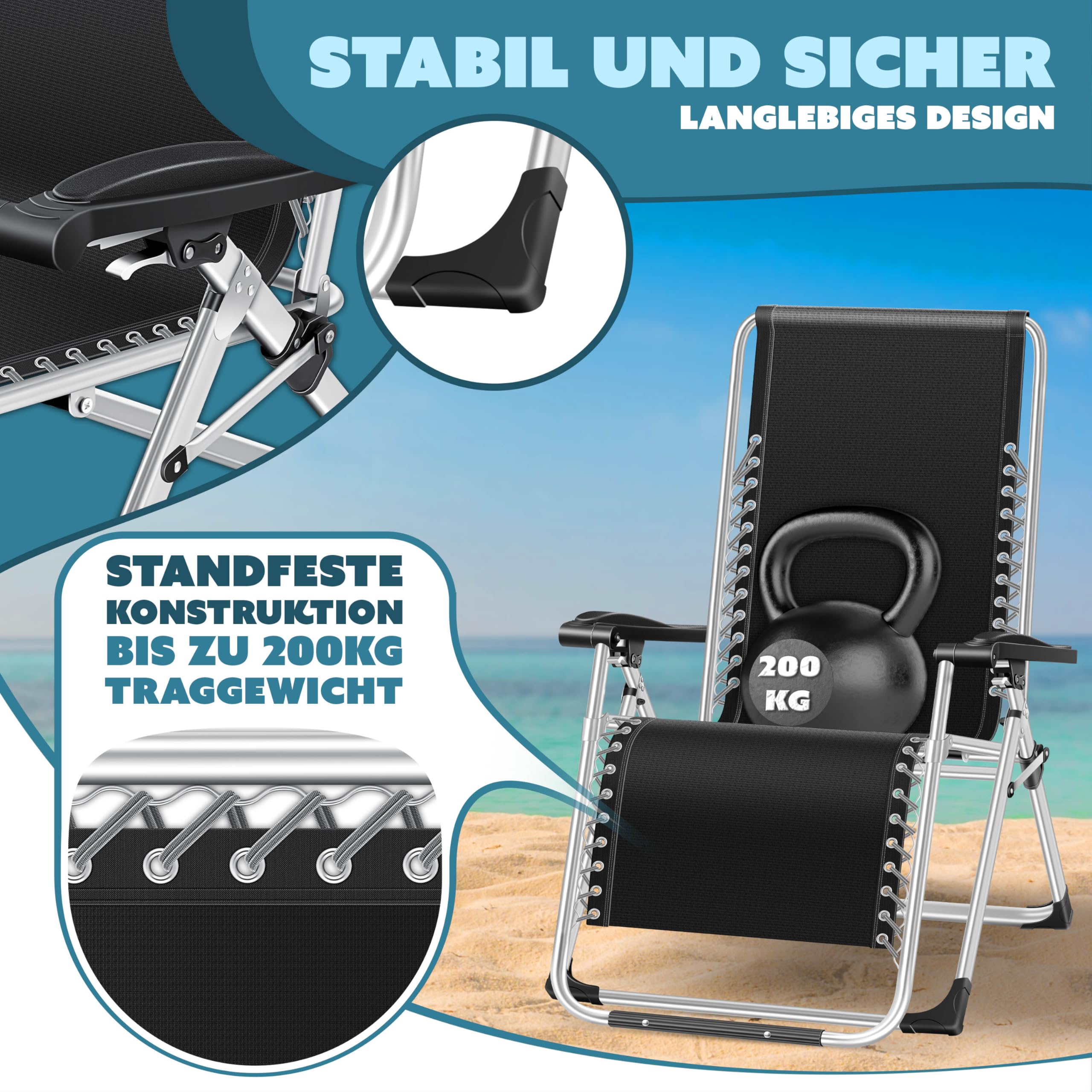 KESSER® Tumbona Plegable XXL, Resistente a la Intemperie, Capacidad de Carga 200kg, Tapizado Ergonómico, Respaldo Ajustable, Cojín Cervical, Portavasos y Cojín para Brazos, Basic - Gris
