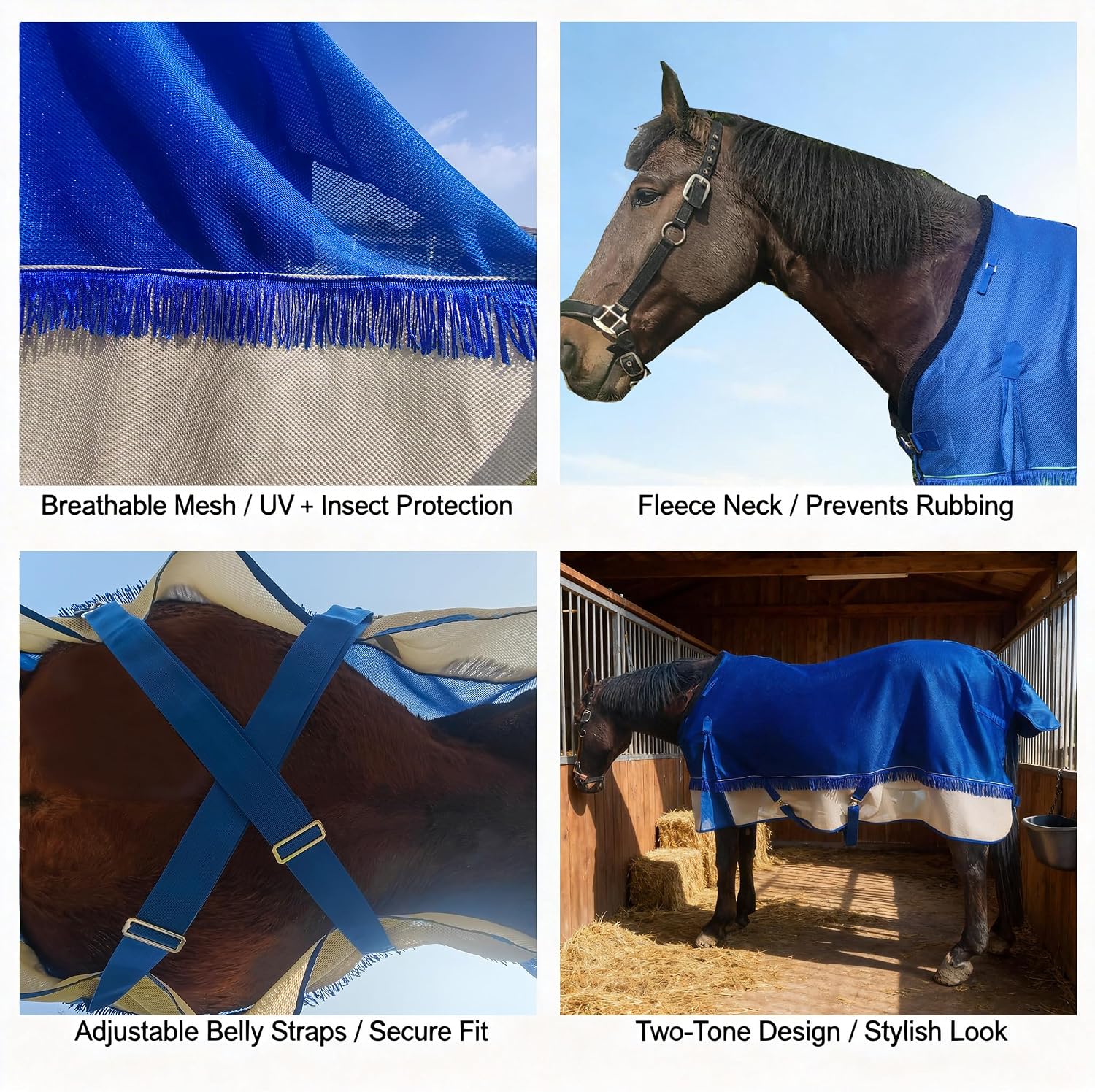 Breathable Horse Fly Sheets for hot Weather - Lightweight Summer Horse mesh Blanket for Sun & Bug Protection with Adjustable Tail Sheet (Navy/Sand)
