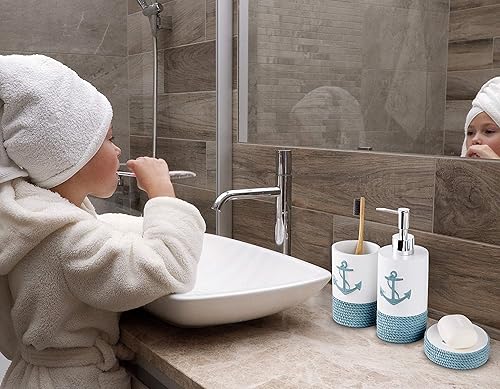 Miniatura 4 de TideAndTales - Juego de 4 accesorios de baño náuticos para decoración de pared (juego de 3), faro y rueda de barco, cuerda y ancla con tema