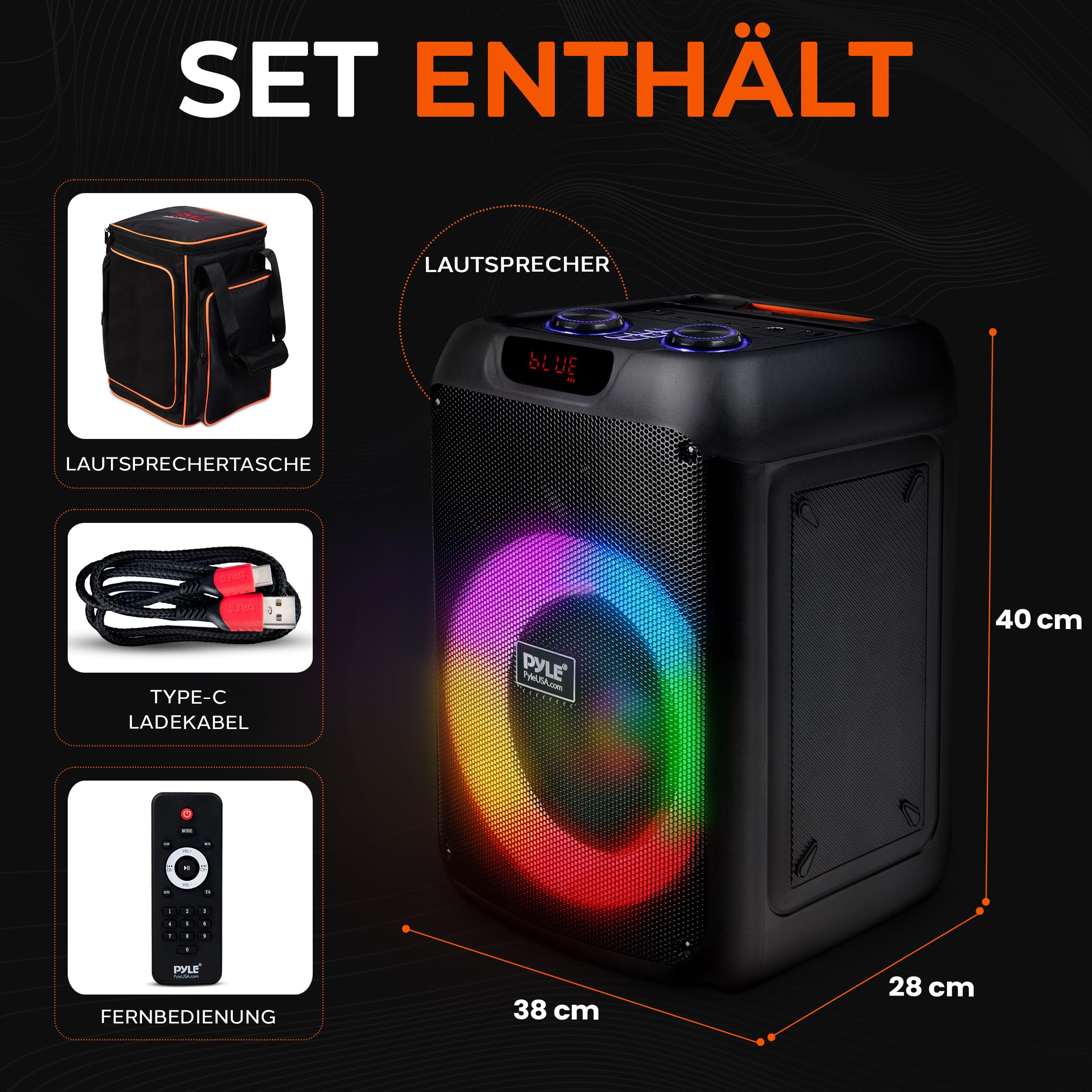 Pyle Partybox Bluetooth Lautsprecher Groß – 100W, LED-Lichtshow, Kräftiger Bass, EQ, TF, AUX, mit Fernbedienung & Tasche, Schnellaufladung, Ideal für Party & Feste