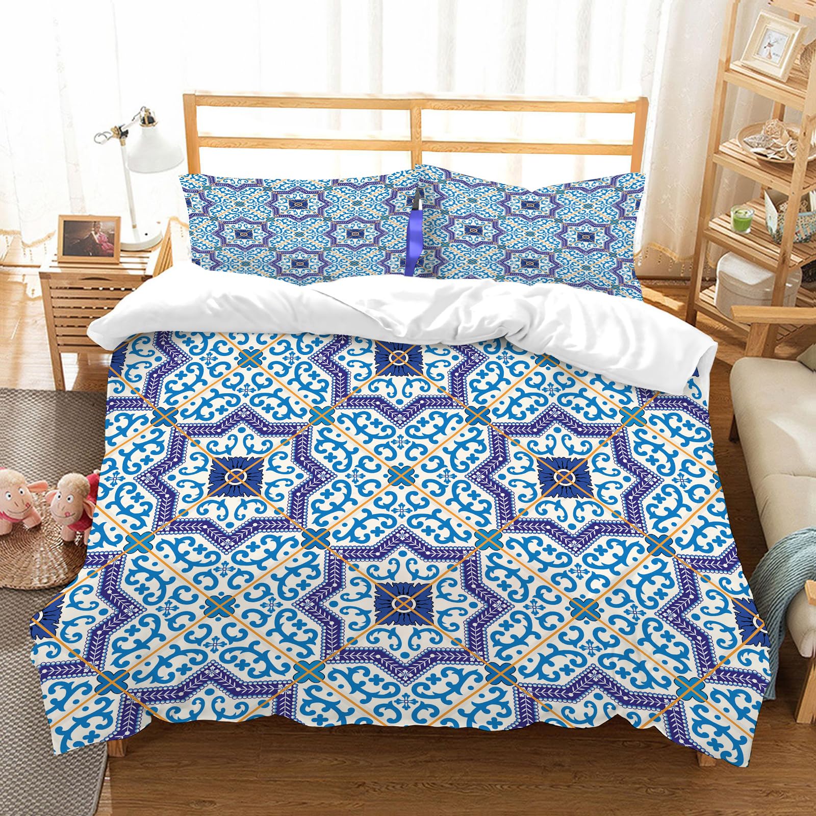 Parure de lit anti-plis et douce en microfibre bleu et blanc de taille XXL
