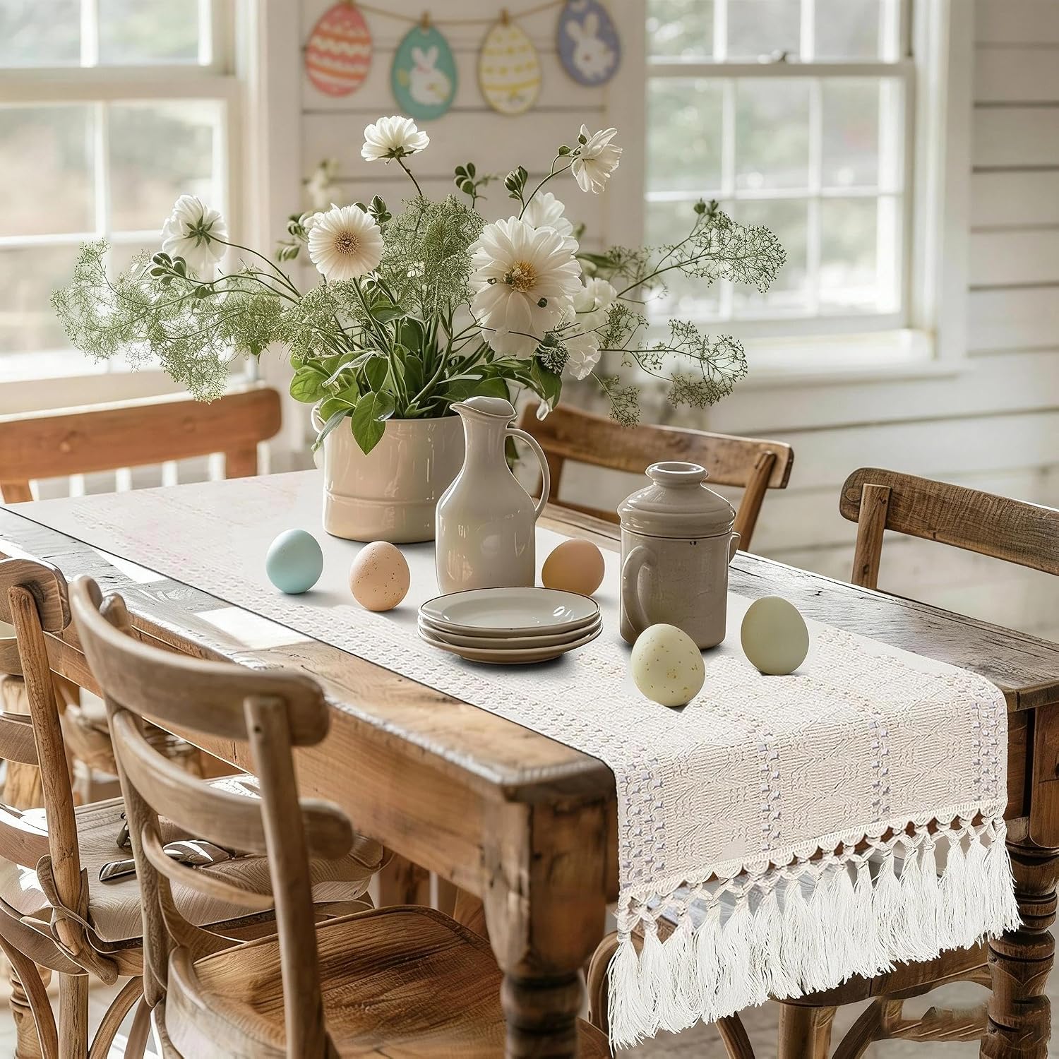 yuboo Boho Table Runner Short, Dresser Runner Cover Top, Beige Macrame Coffee Table Runners for Living Room Kitchen, Nightstand, End Table, Farmhouse Spring Dresser Decor, 48 Inches Long