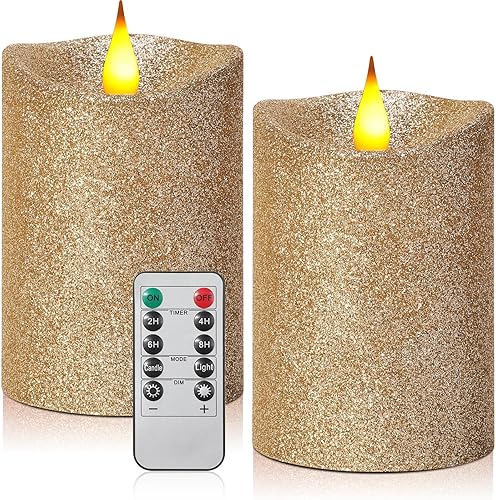 Retisee 2 velas LED sin llama con purpurina, 3.5 x 5 pulgadas, velas LED de llama artificial metálica realista, funciona con pilas, con control