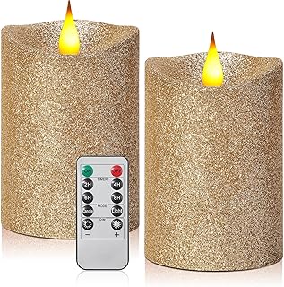 Retisee 2 Pcs Glitter Flameless Candles, 3.5'' x 5'' Realistic Artificial Metallic Flame LED Candles Battery Operated Candle with Remote for Christmas, Wedding, Birthday, Anniversary(Ivory)