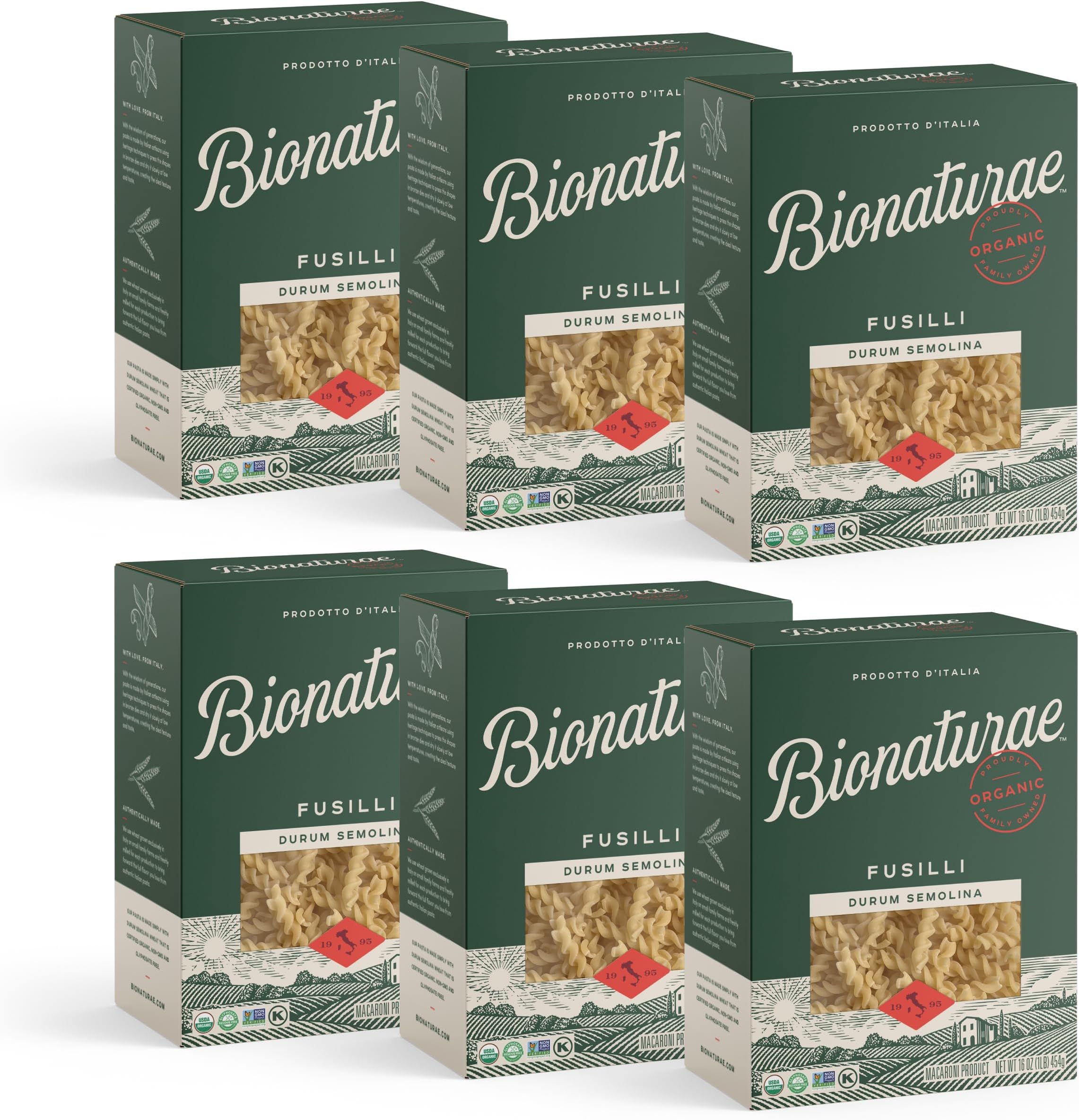 Bionaturae Fusilli Pasta Noodles - Durum Semolina Pasta, Kosher, High Protein, Non-GMO Verified, USDA Certified, Durum Semolina Fusilli, Fusilli Pasta Organic, Crafted in Italy - 16 Oz, 6 Pack
